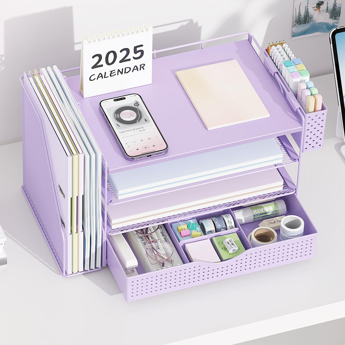 Wood Desk Organizers and Accessories with File Holder, 4-Tier Desk Accessories & Workspace