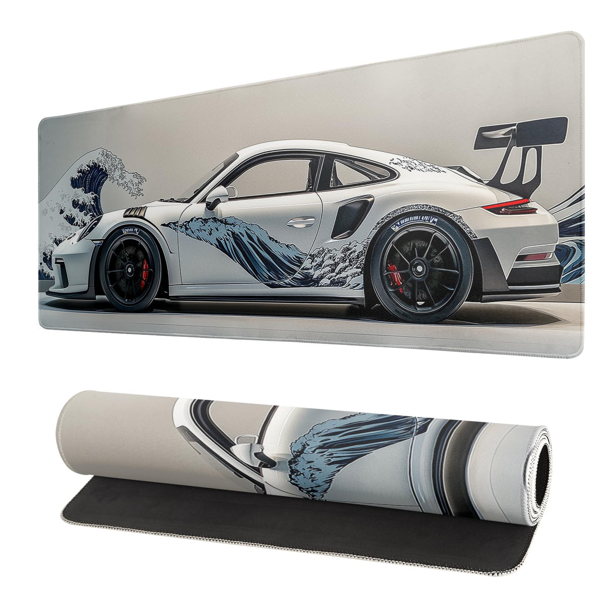 White Ukiyo-e Style Sports Car Large Gaming Mouse Pad Desktop Mat 31.5x11.8 Inch - Non-Slip Rubber