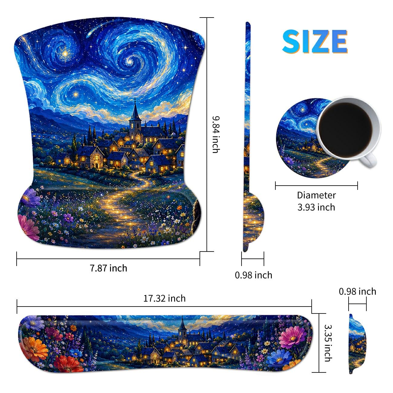 3-in-1 Ergonomic Memory Foam Keyboard Wrist Rest Pad Set, Galaxy Cat
