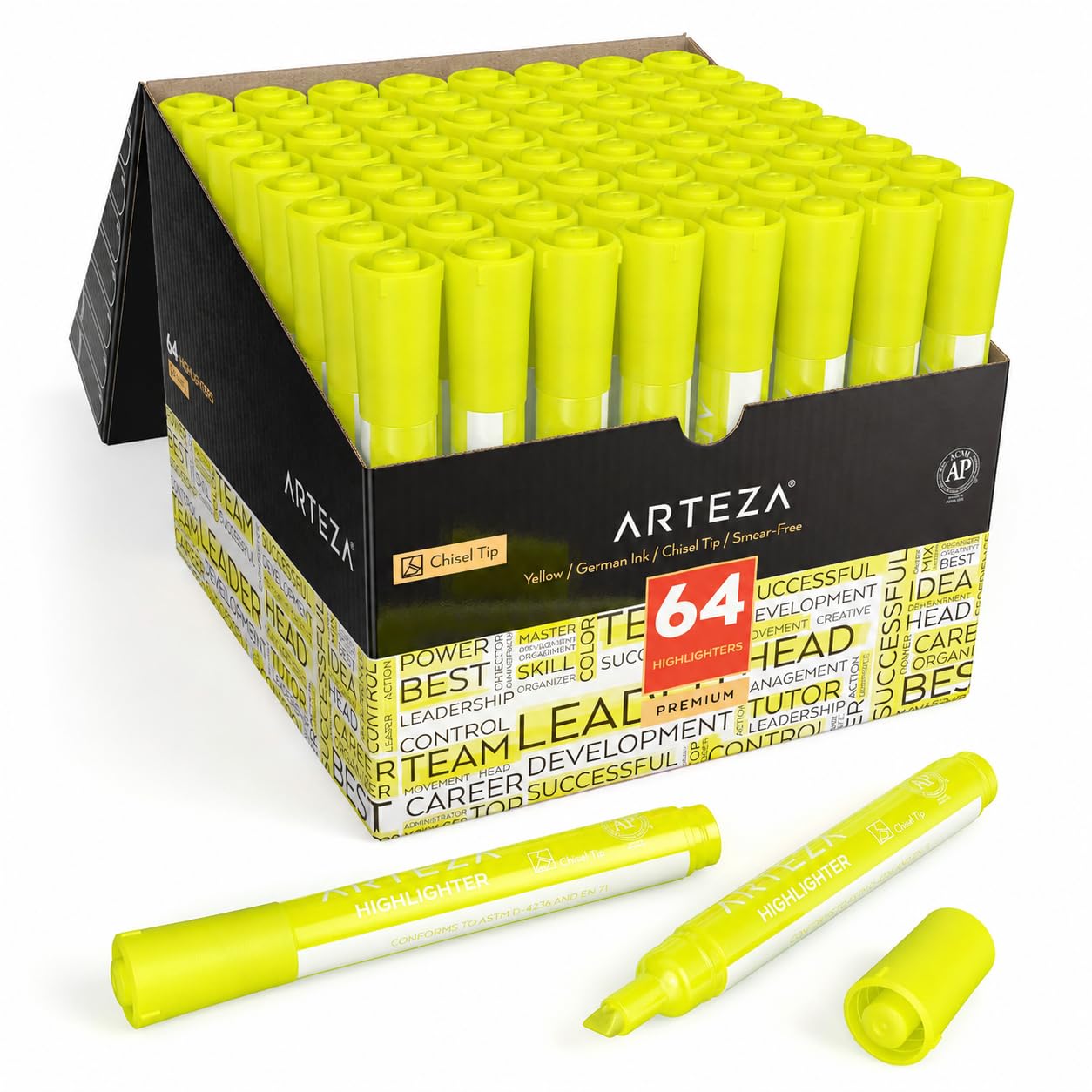 ARTEZA Yellow Highlighters in Bulk, Pack of 64, Chisel Tip Markers