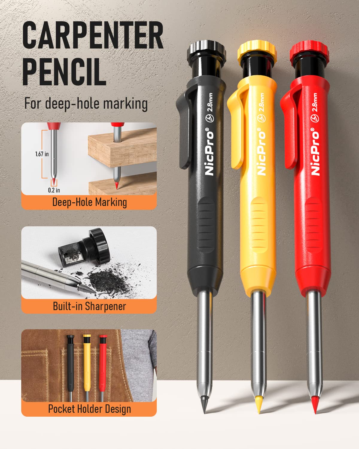 Nicpro Carpenter Pencils with Sharpener and Holster, Black Red Yellow 3Pack