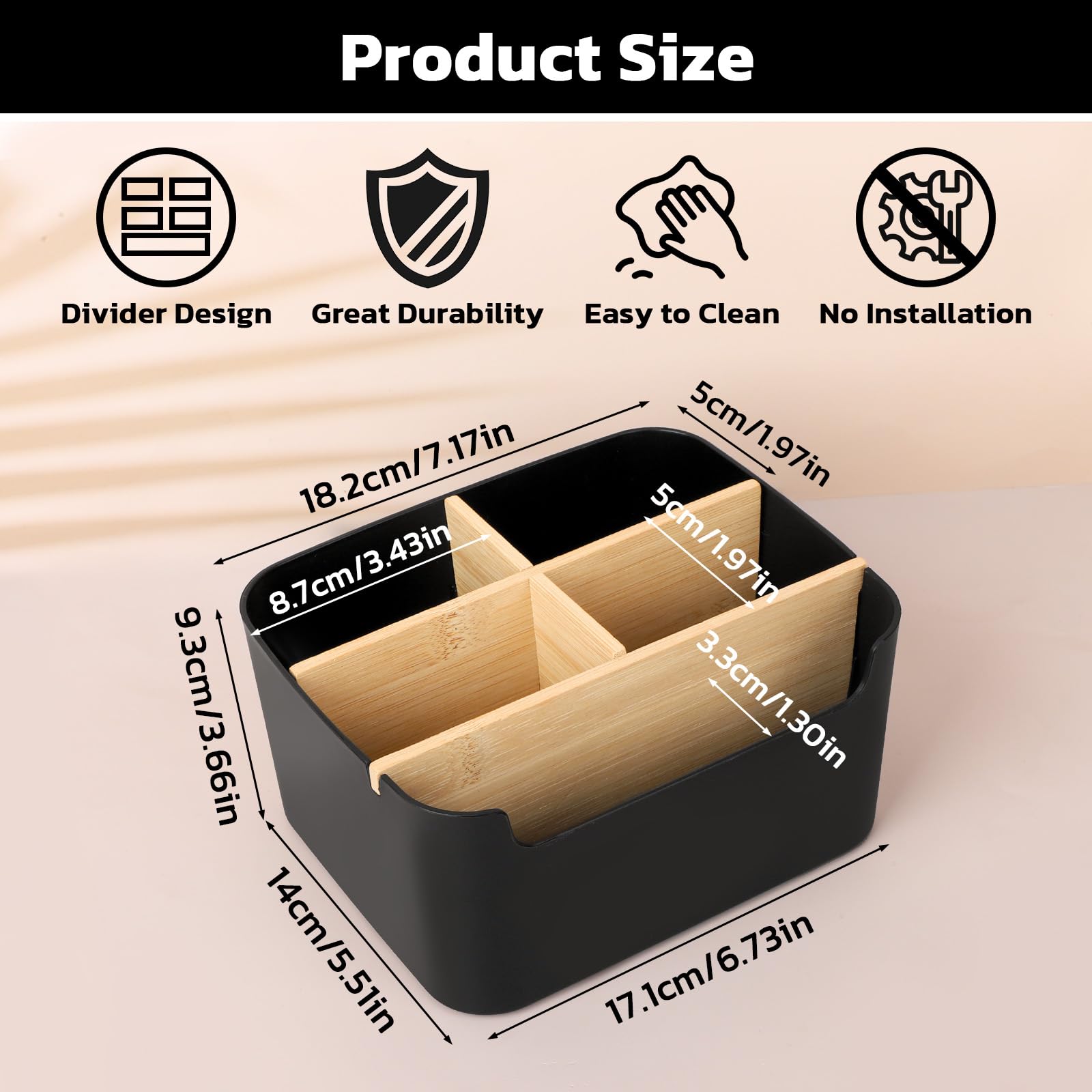 Segarty Black Desktop Organizer, Detachable Bamboo Remote Control Holder, Desk Storage Box Pencil