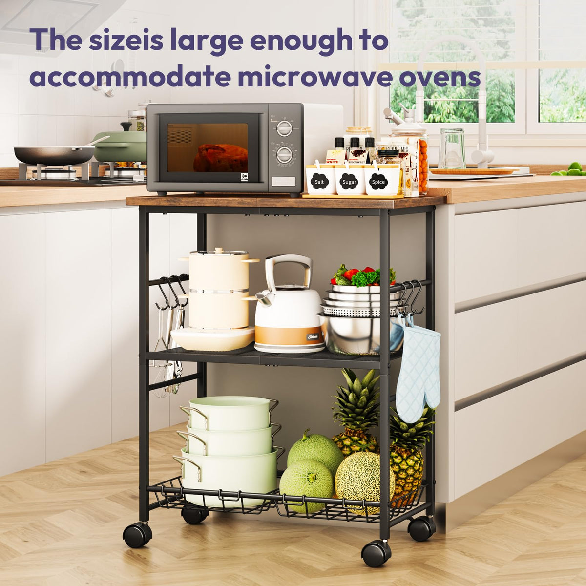 SWTYMIKI Rolling Kitchen Microwave Cart - 3 Tier Microwave Table Stand with Storage Basket and