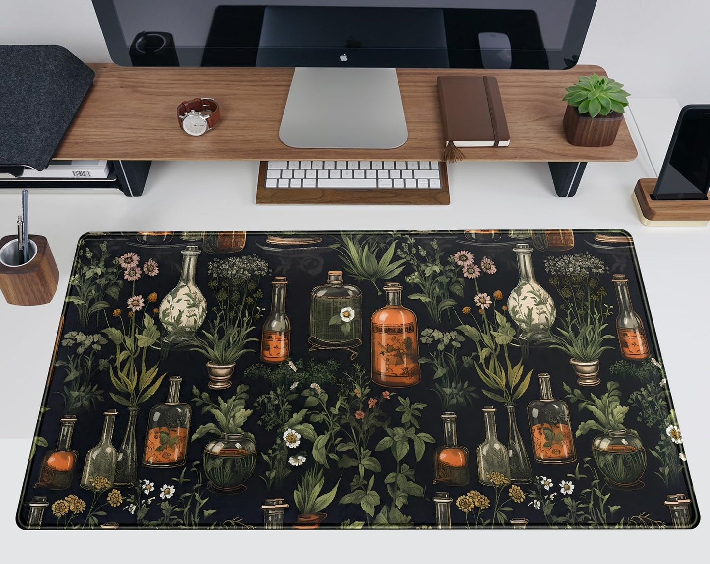 Black Aesthetics Desk Mat Mouse Pad Large Gaming Mouse Pad Desk Pad Mousepad, Mystical Green Plant