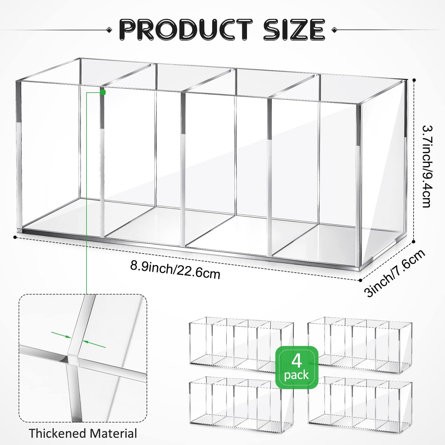 Pajean 4 Pack Clear Acrylic Pencil Holders, 4 Compartment Desk Organizer