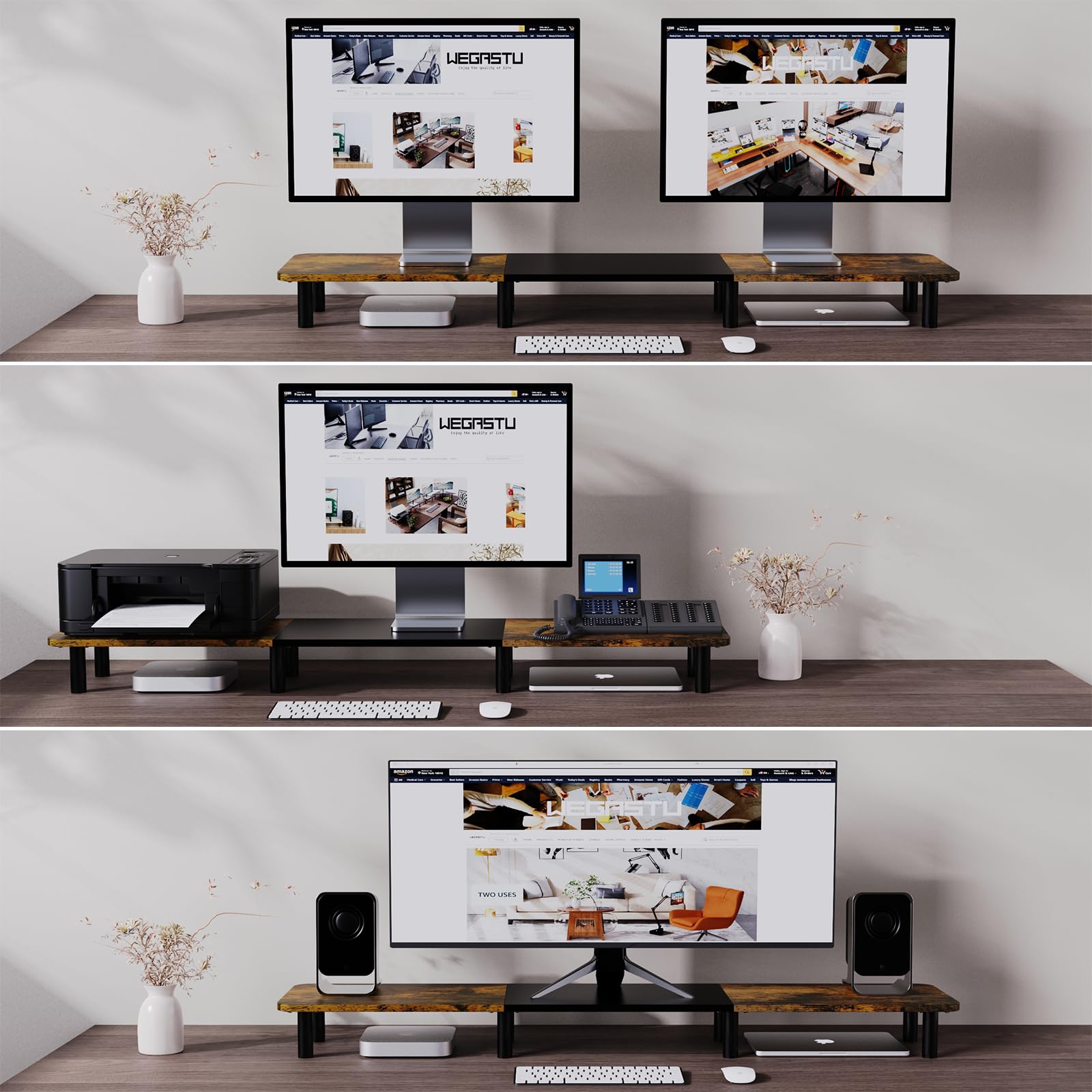WEGASTU 43.7" Extra Long Dual Monitor Stand Riser, Wood & Steel Monitor Stand for 2 Monitors, Wide