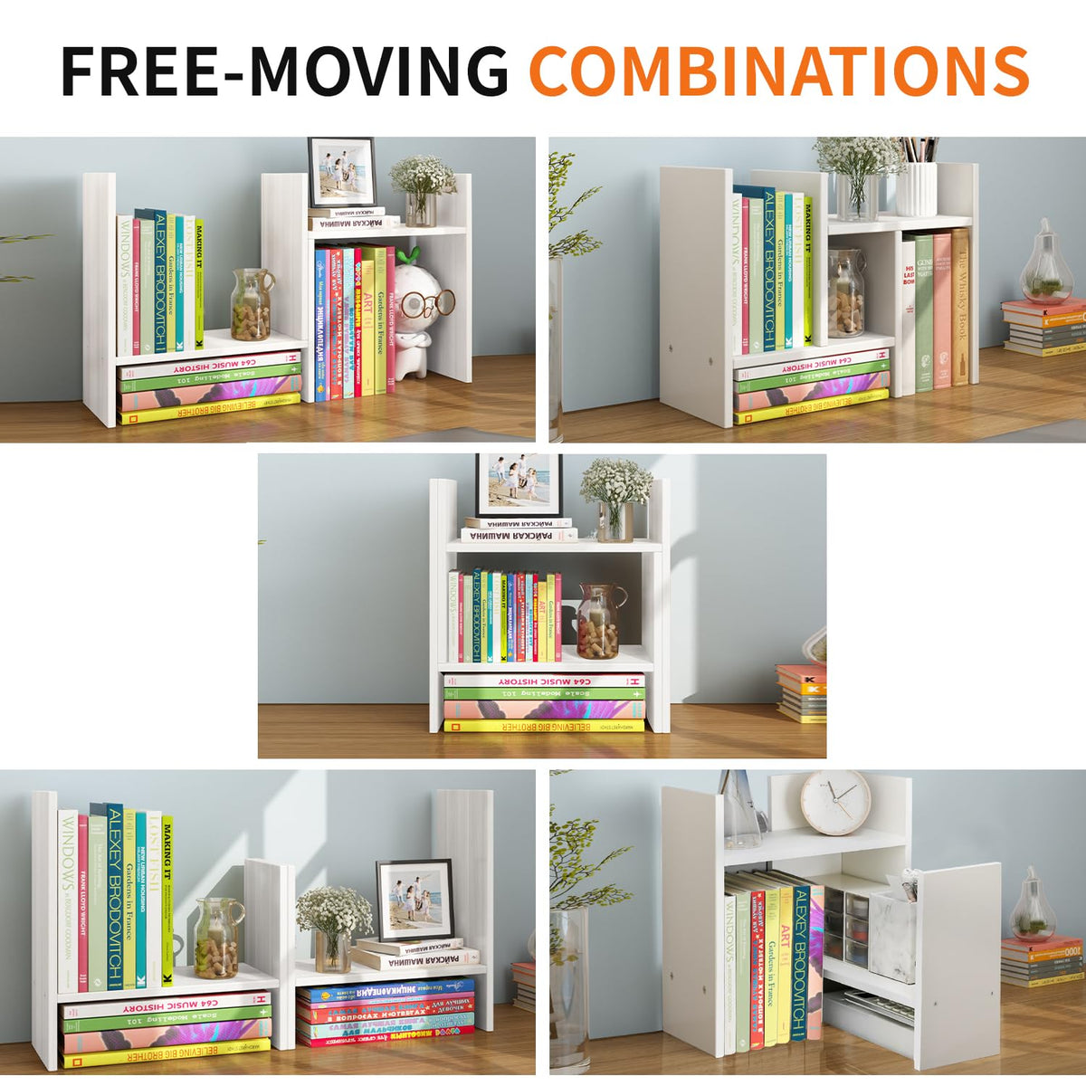 JLD Wood Adjustable 5-Shelf Desktop Bookshelf, Expandable Office Storage Rack, White
