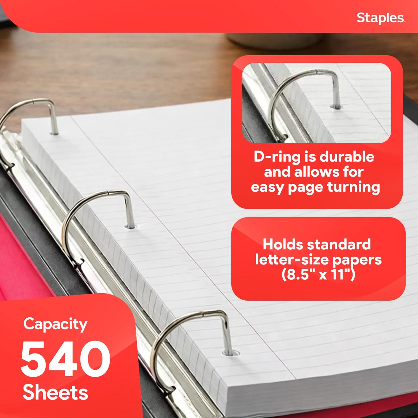 Staples Heavy-Duty 2-Inch D-Ring Binder, Red, Holds 540 Sheets