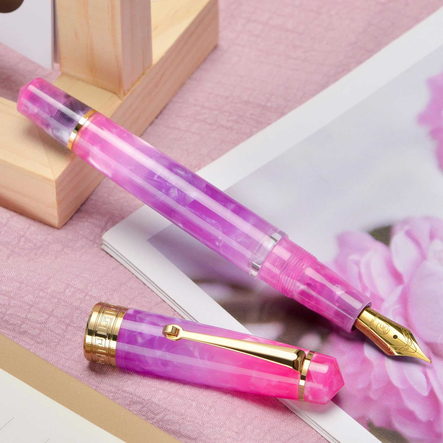 Asvine P20 Gradual Purple Piston Fountain Pen, Iridium Fine Nib Gold Trim Resin Pen Smooth Writer