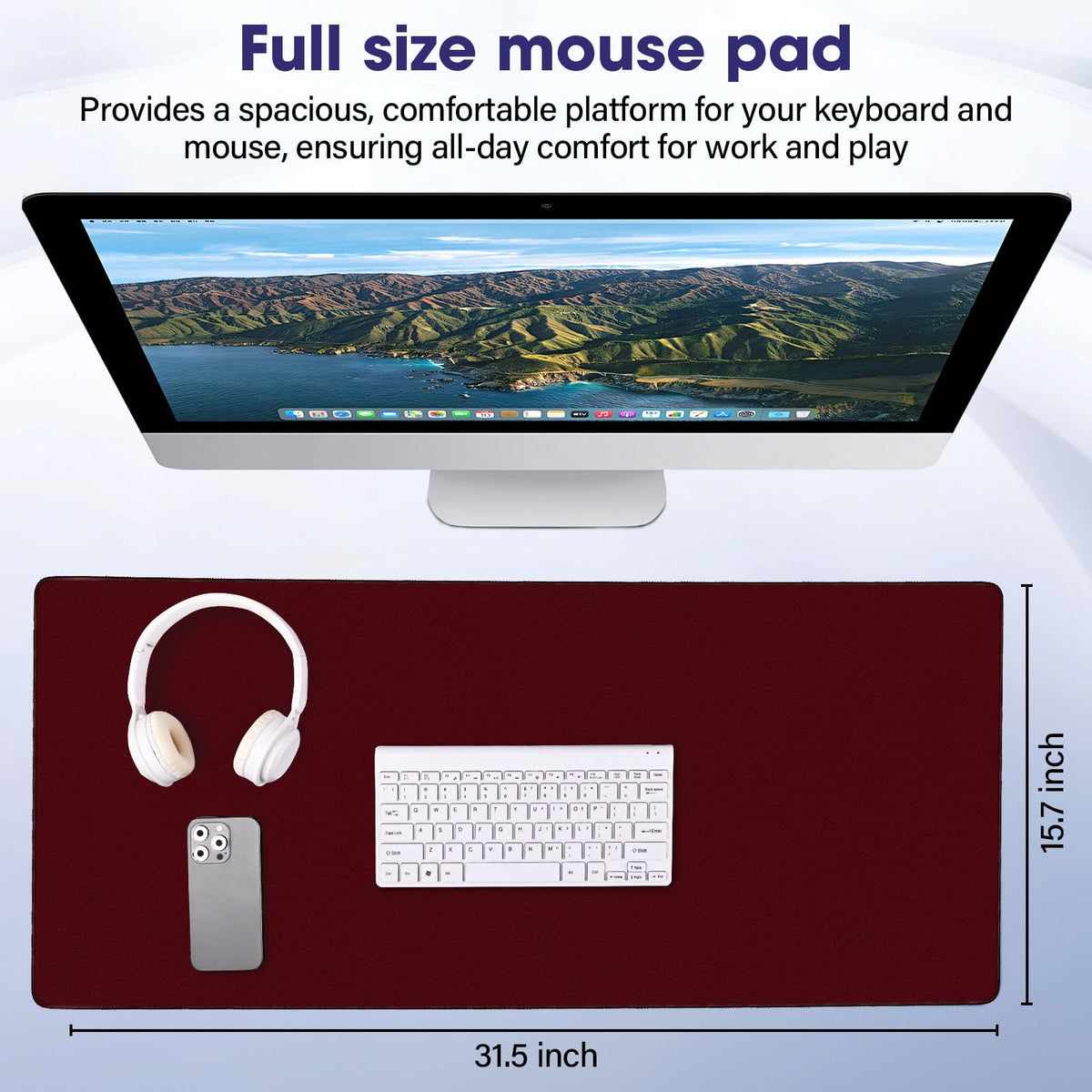 31.5" x 15.7" Waterproof Fabric Mouse Pad, Rubber Anti-Slip Base, Wine Red