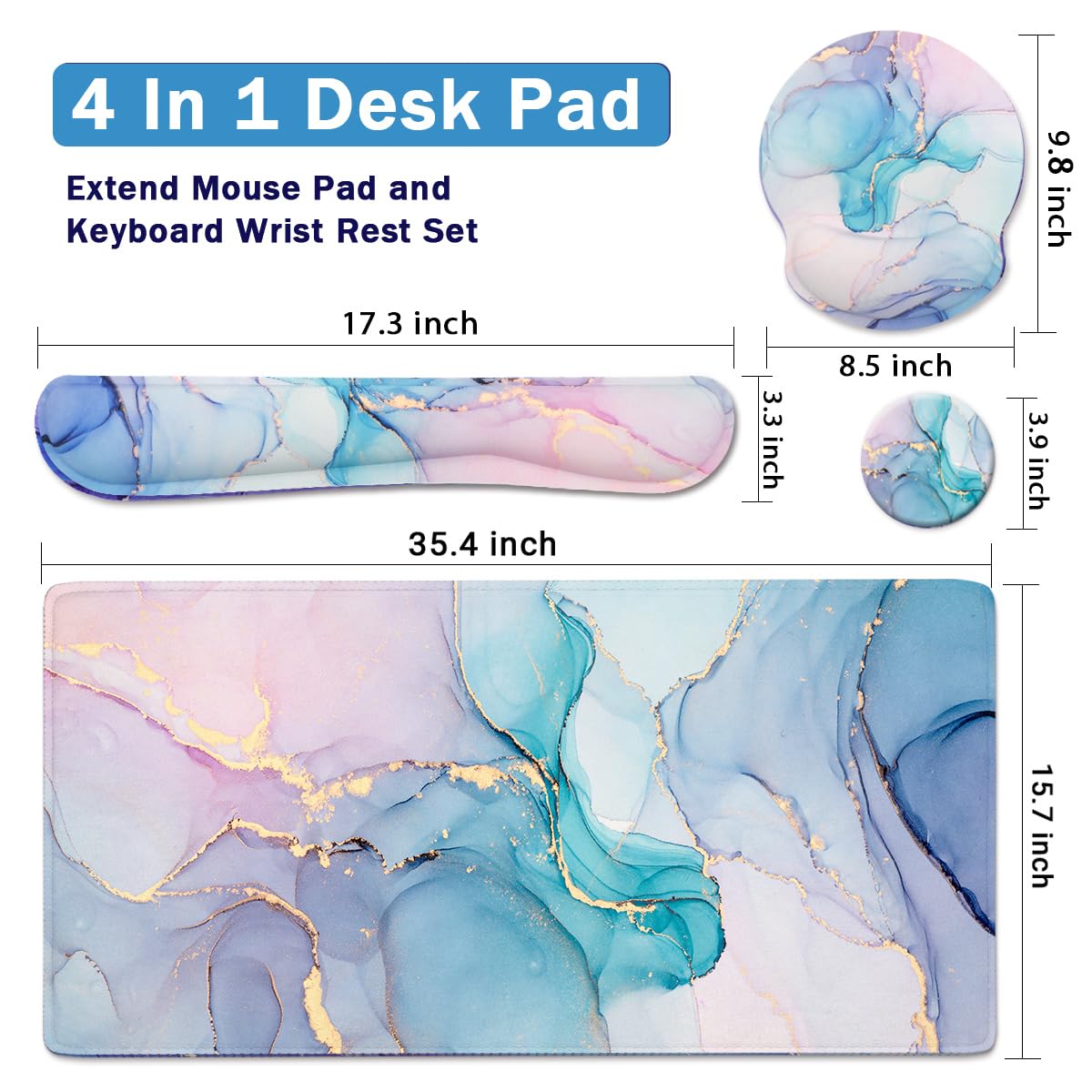 4-in-1 Gaming Mouse Pad Wrist Support Set，Desk Pad + Mouse Pad with Wrist Rest + Keyboard Wrist