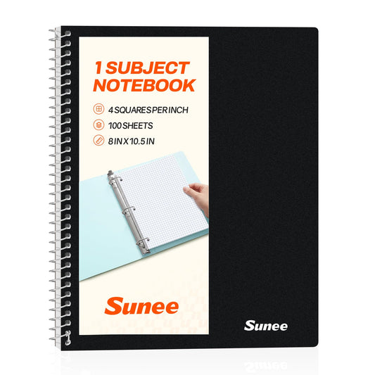 SUNEE Spiral Notebook, 1-Subject, Graph Ruled Paper, 8" x 10-1/2", 100 Sheets per Notebook, 3-Hole