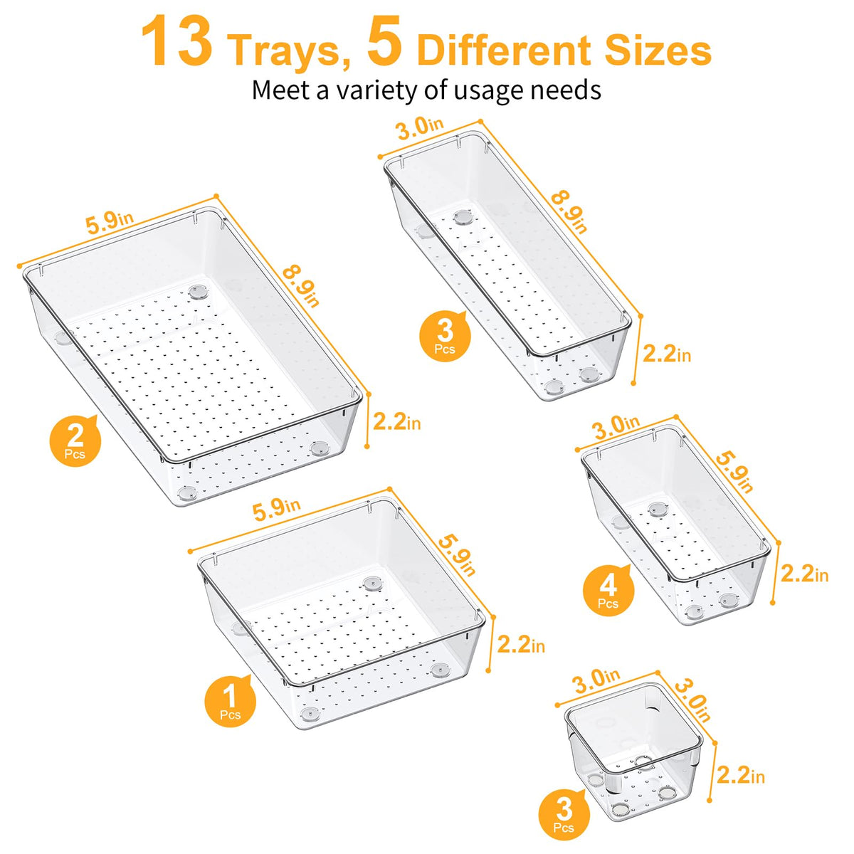 SMARTAKE 13-Piece Drawer Organizers with Non-Slip Silicone Pads, 5-Size
