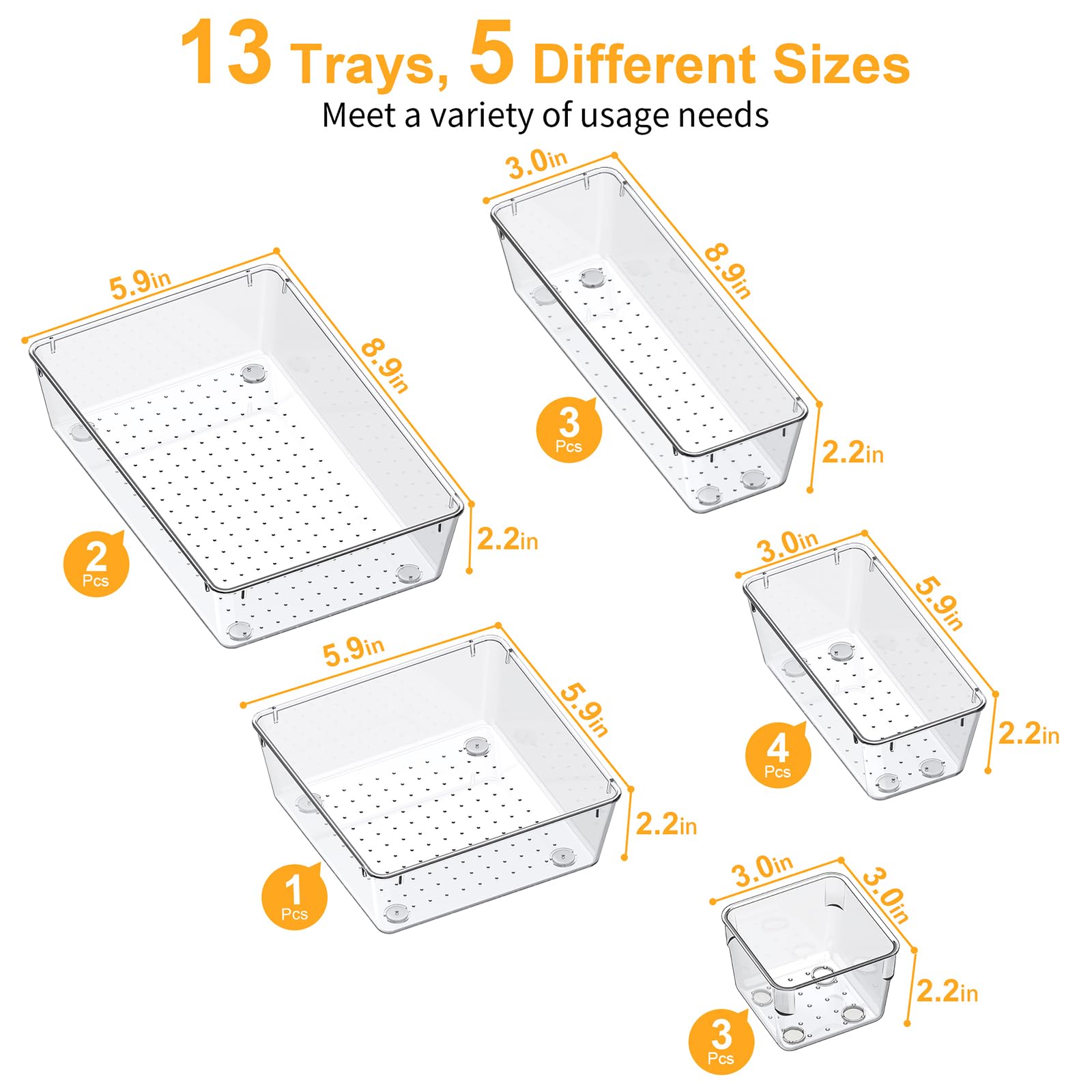SMARTAKE 13-Piece Drawer Organizers with Non-Slip Silicone Pads, 5-Size