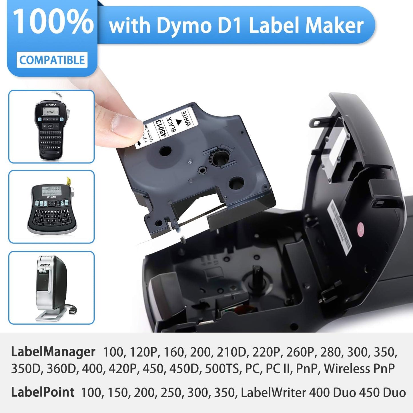 6-Pack Dymo D1 Label Tape 45013 Black on White 1/2 Inch x 23 Feet Compatible for DYMO LabelManager