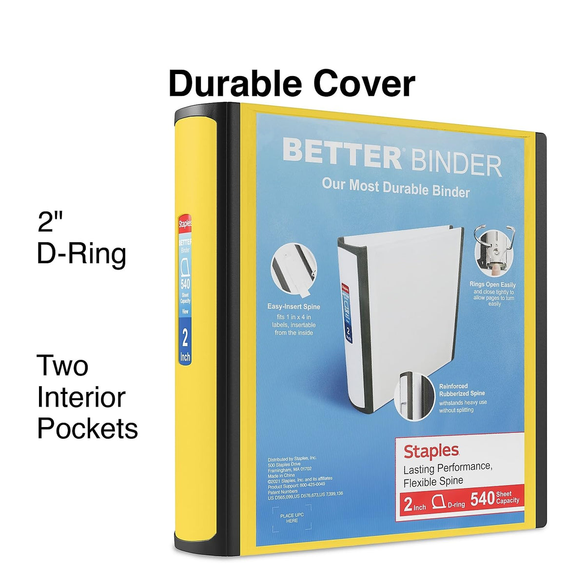 Staples Better Binder, 2 Inch 3-Ring, Yellow, Heavy-Duty