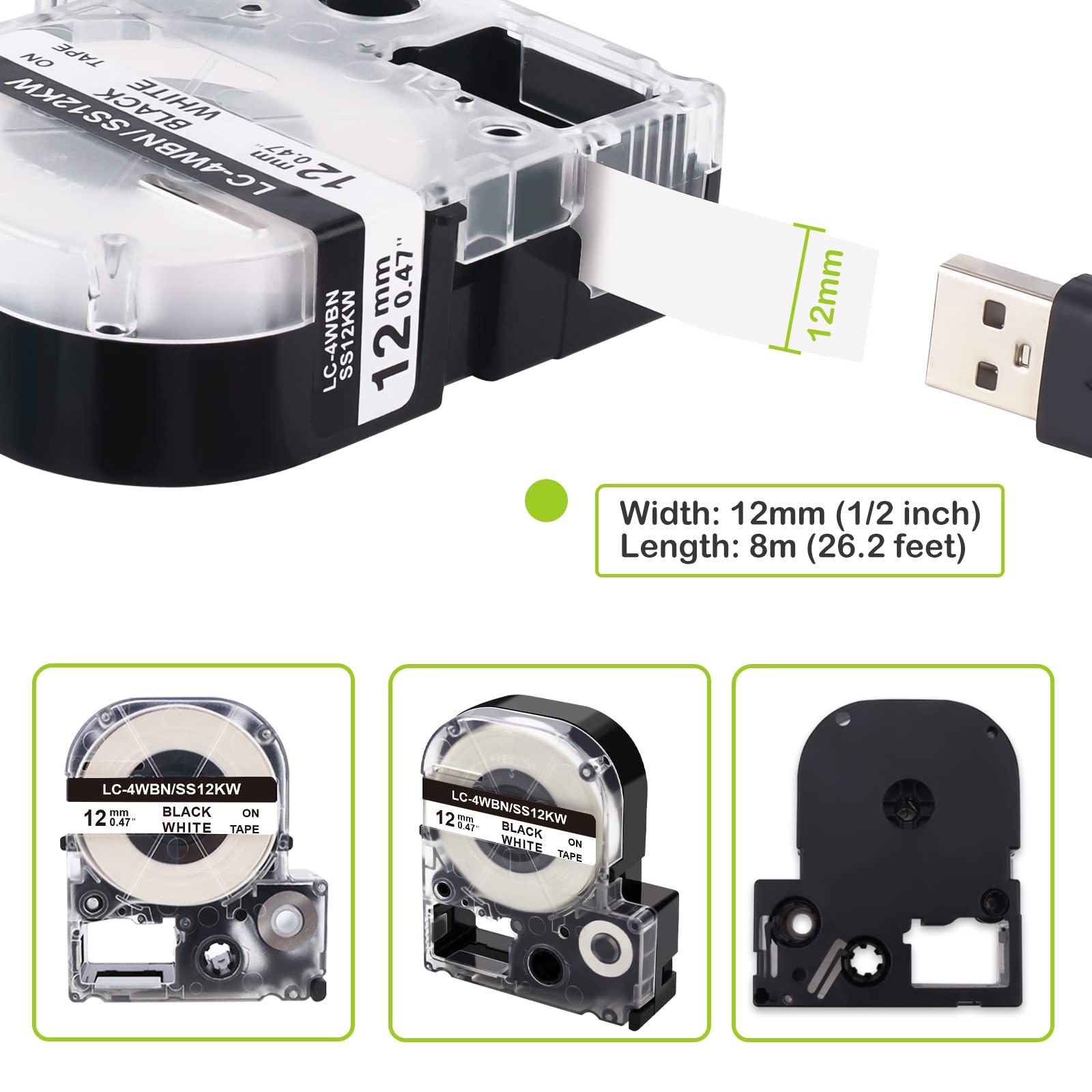 Compatible for Epson Label Maker Tape LK-4WBN LC-4WBN 12mm White 5-Pack