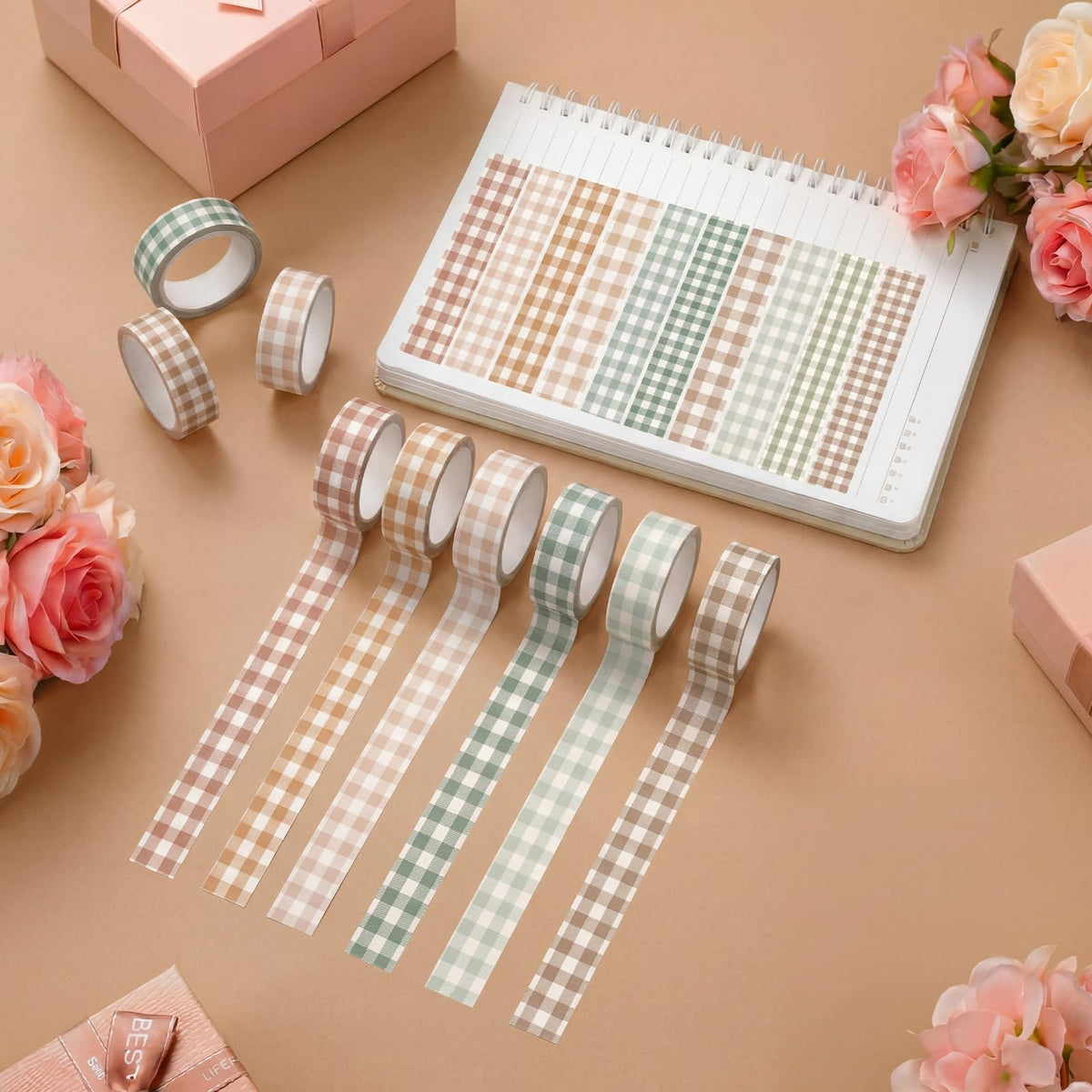 YooNotee 12 Rolls Floral Washi Tape Set,Boho,Gingham Plaid