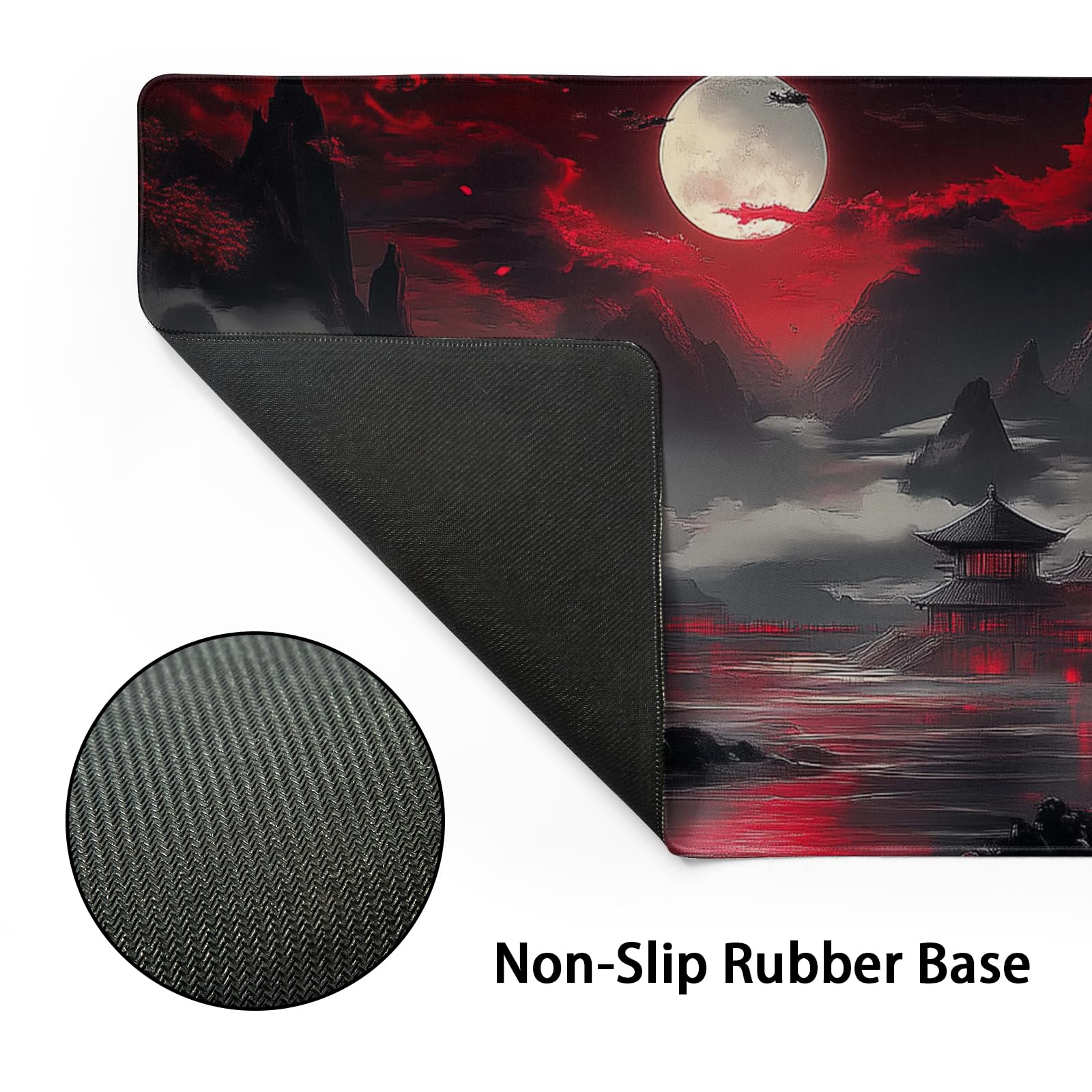 Japanese Mouse Pad Large Riverside Full Moon Desk Mat Black Red Mouse Pad Gaming 35.4"x15.7" Long