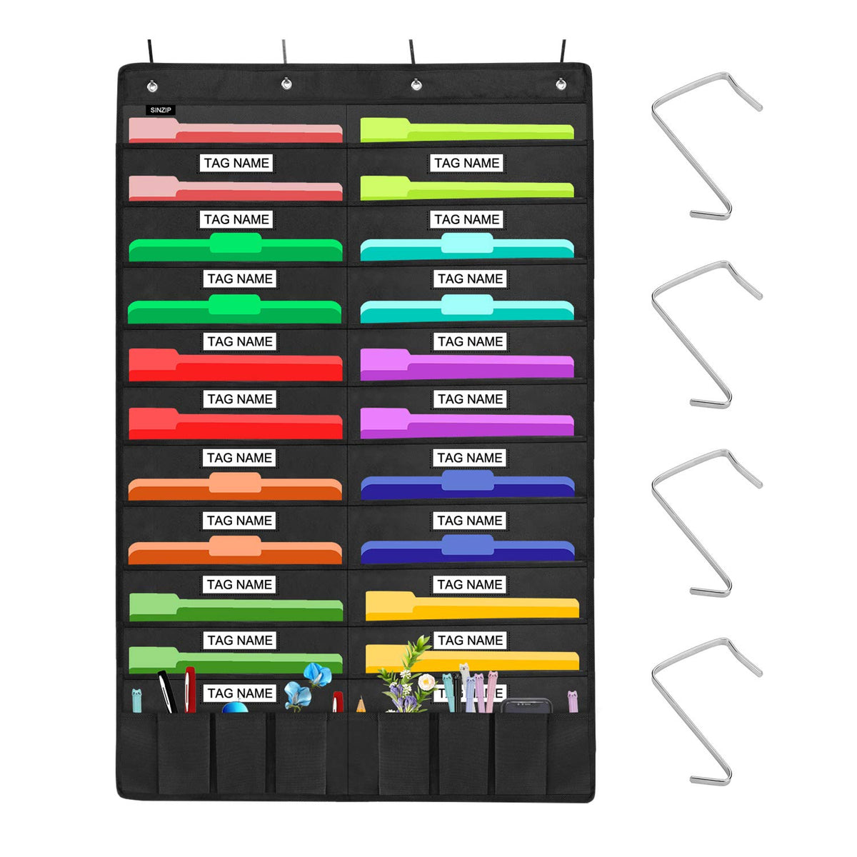 Sinzip Heavy Duty 20 Pocket Door Hanging File Organizer with Name Tag Holders, Black Wall Storage