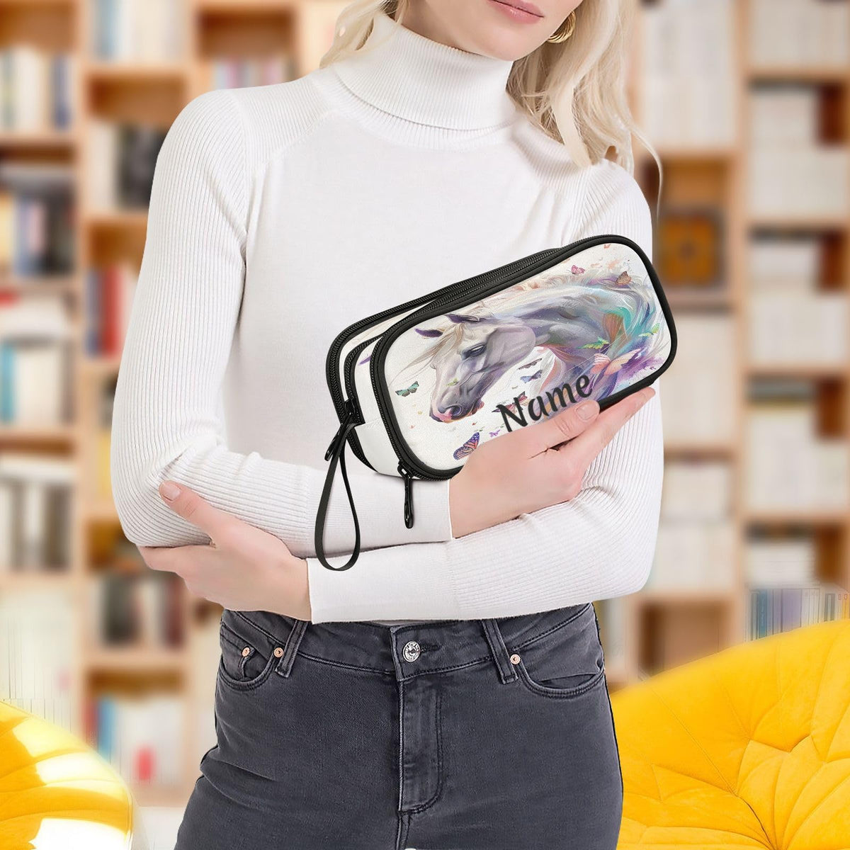 BOENLE Custom White Horse Butterflies Pencil Case Box Boys Girls Personalized Name Large Pencil