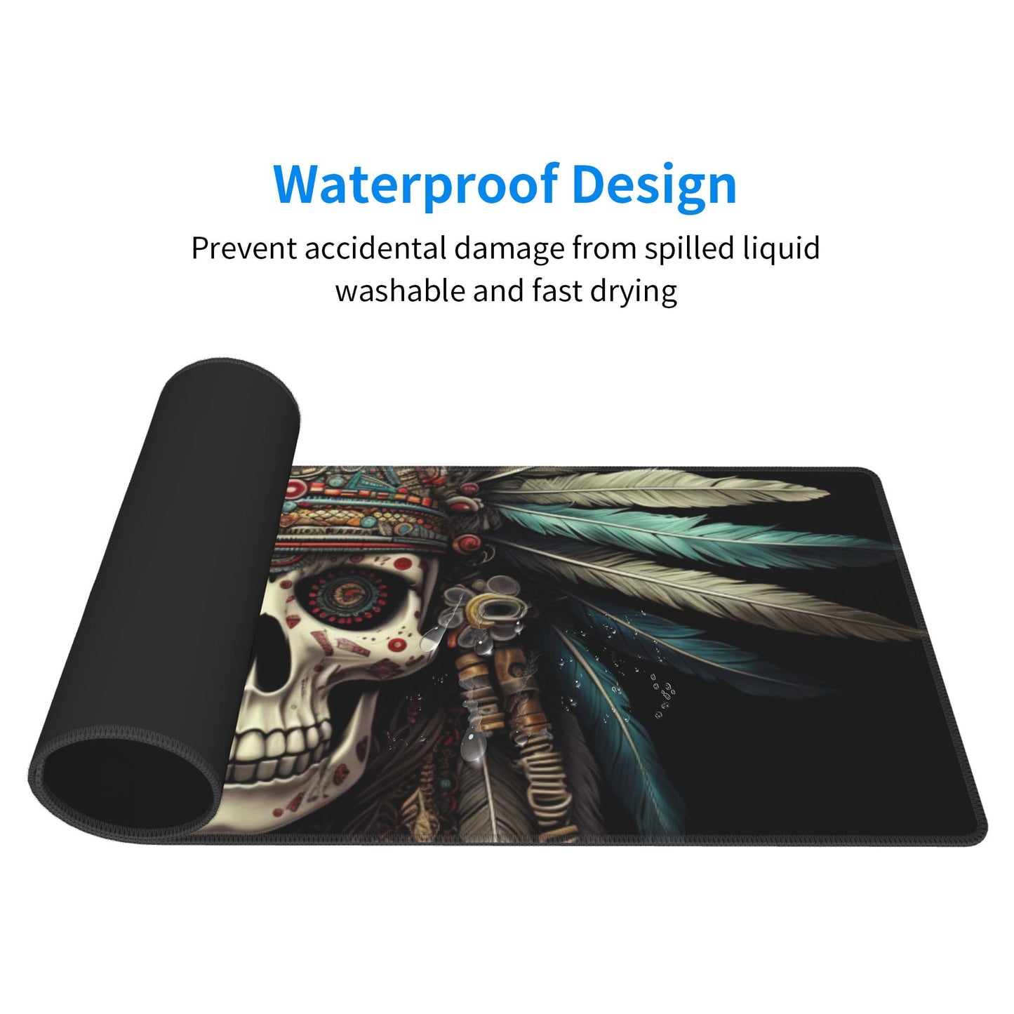 Cute Intricately Decorated Skull with Feather Headdress Pattern Mouse Pad 31.5 x 12 Inch, Non-Slip