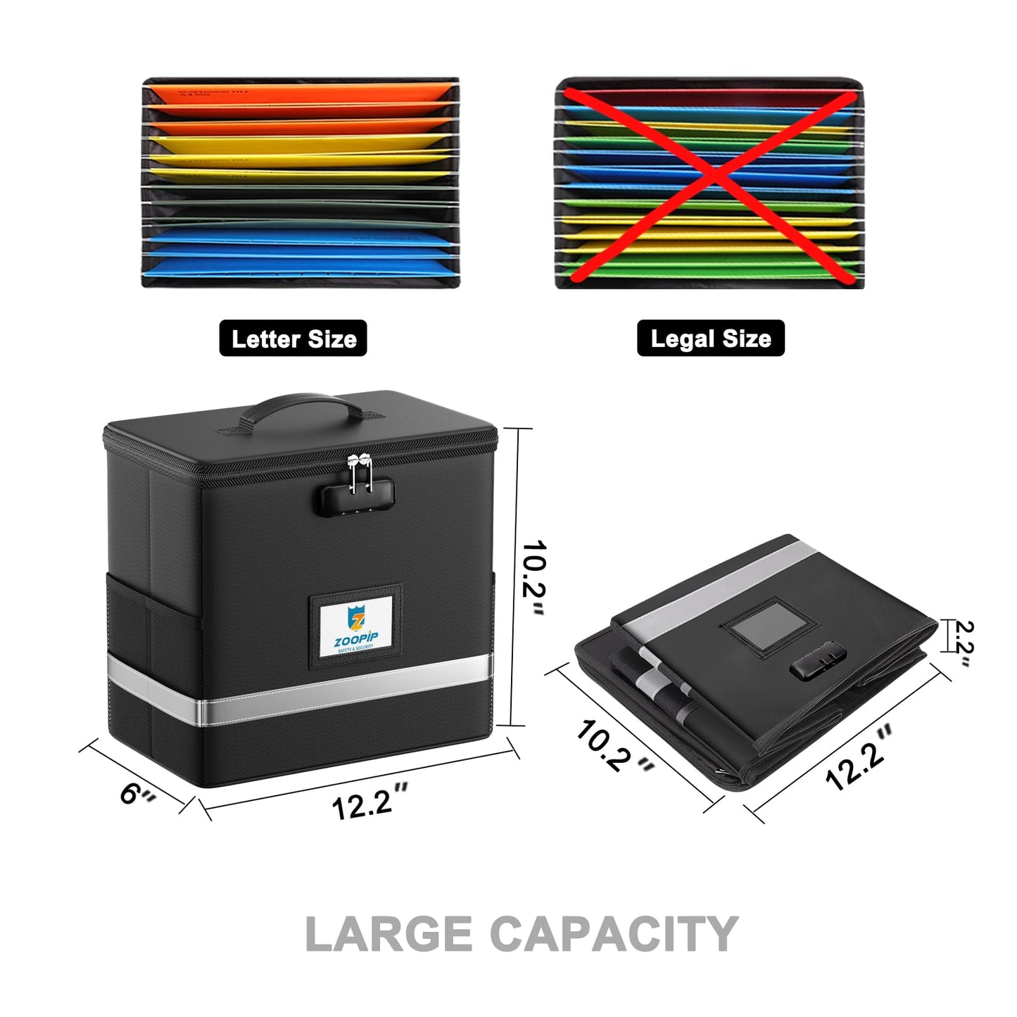 ZOOPIP Fireproof File Box with Lock, Collapsible Document Organizer, Black