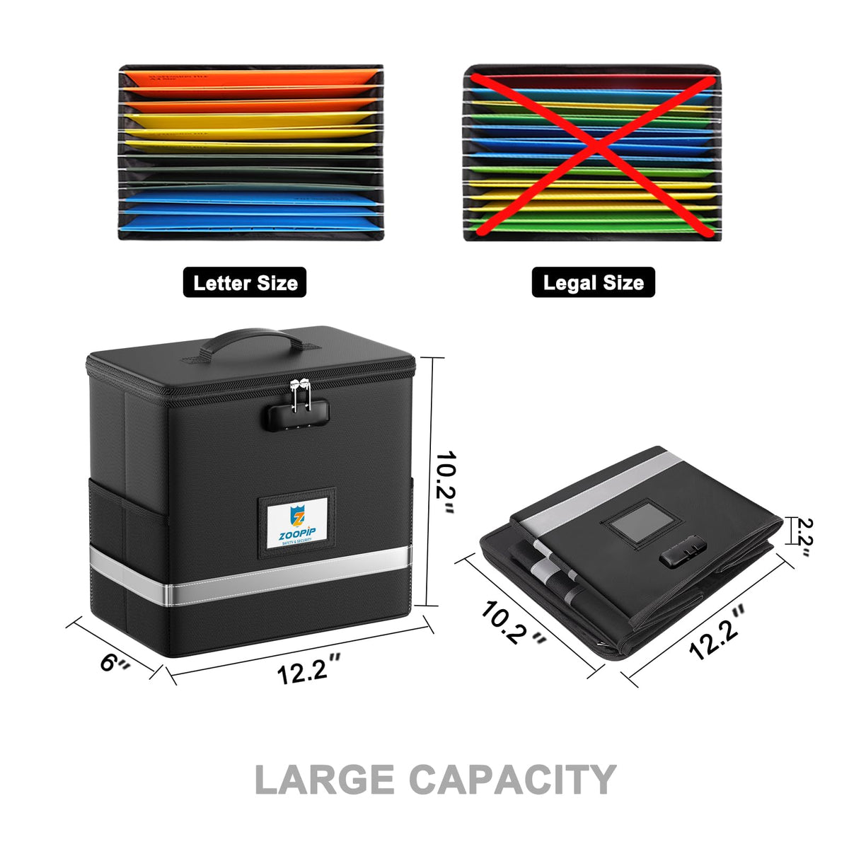 ZOOPIP Fireproof File Box with Lock, Collapsible Document Organizer, Black