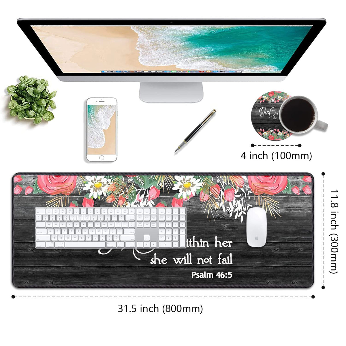 Desk Pad Mat With Coasters, 31.5"x 11.8" XXL Large Gaming Mouse Mat With Non-Slip Base and Stitched