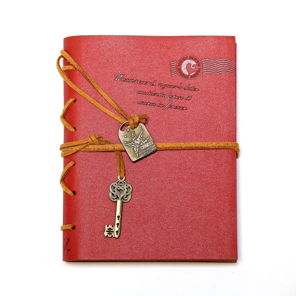 EvZ Classic Vintage Leather Writing Journal Notebook - Vibrant Red Retro Diary with Antique Key