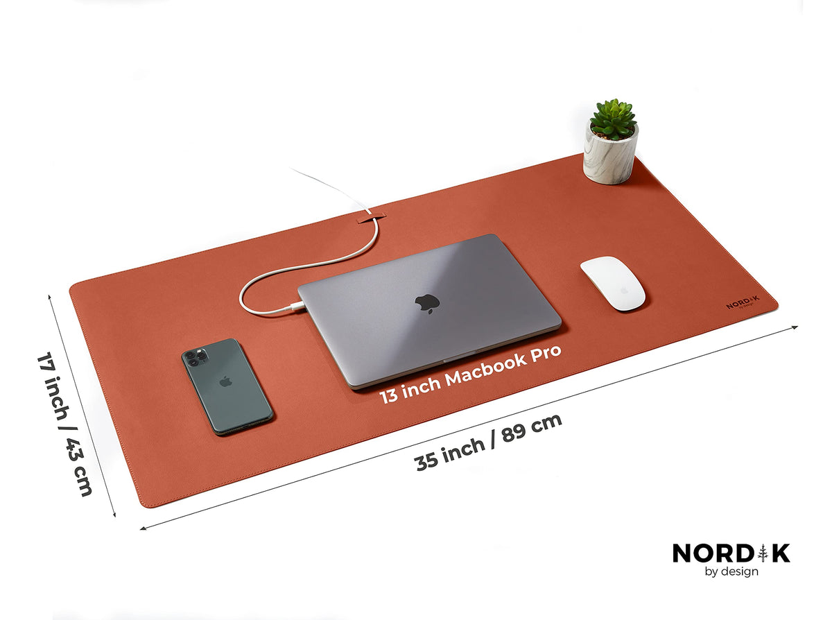 Nordik Leather Desk Mat - Cork Whiskey Brown - Leather Desk Pad 35x17 in