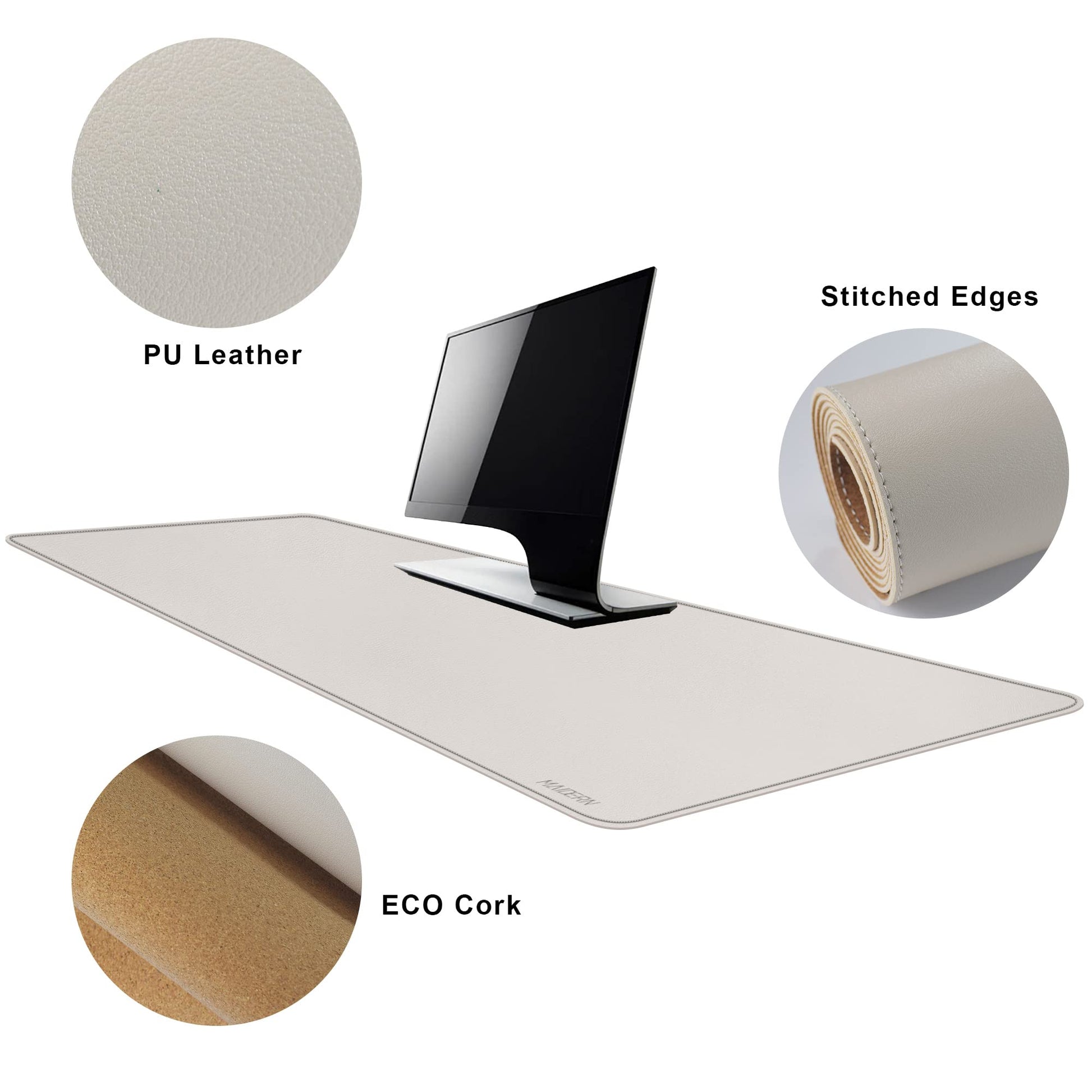 MAIDERN 55” x 24” Cork & Leather Desk Pad, Large XXL Desk Mat (Cream)