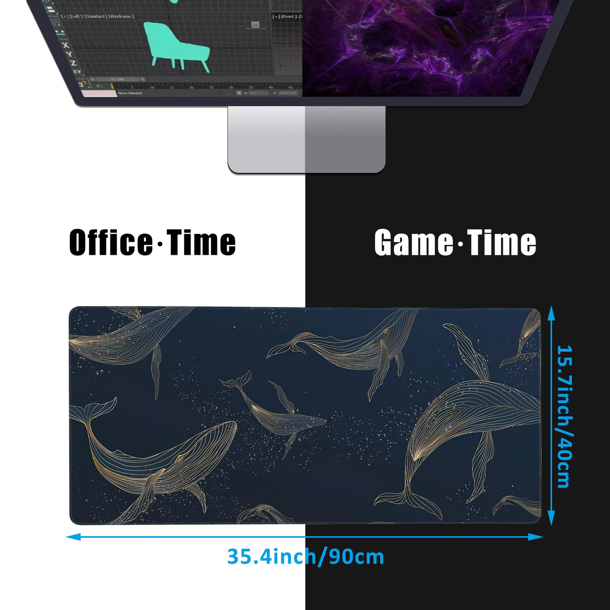 EOBKLAX Whales in Gold Line Desk Mat,Large Gaming Mouse Pad,Non-Slip Rubber Base Desk Pad with