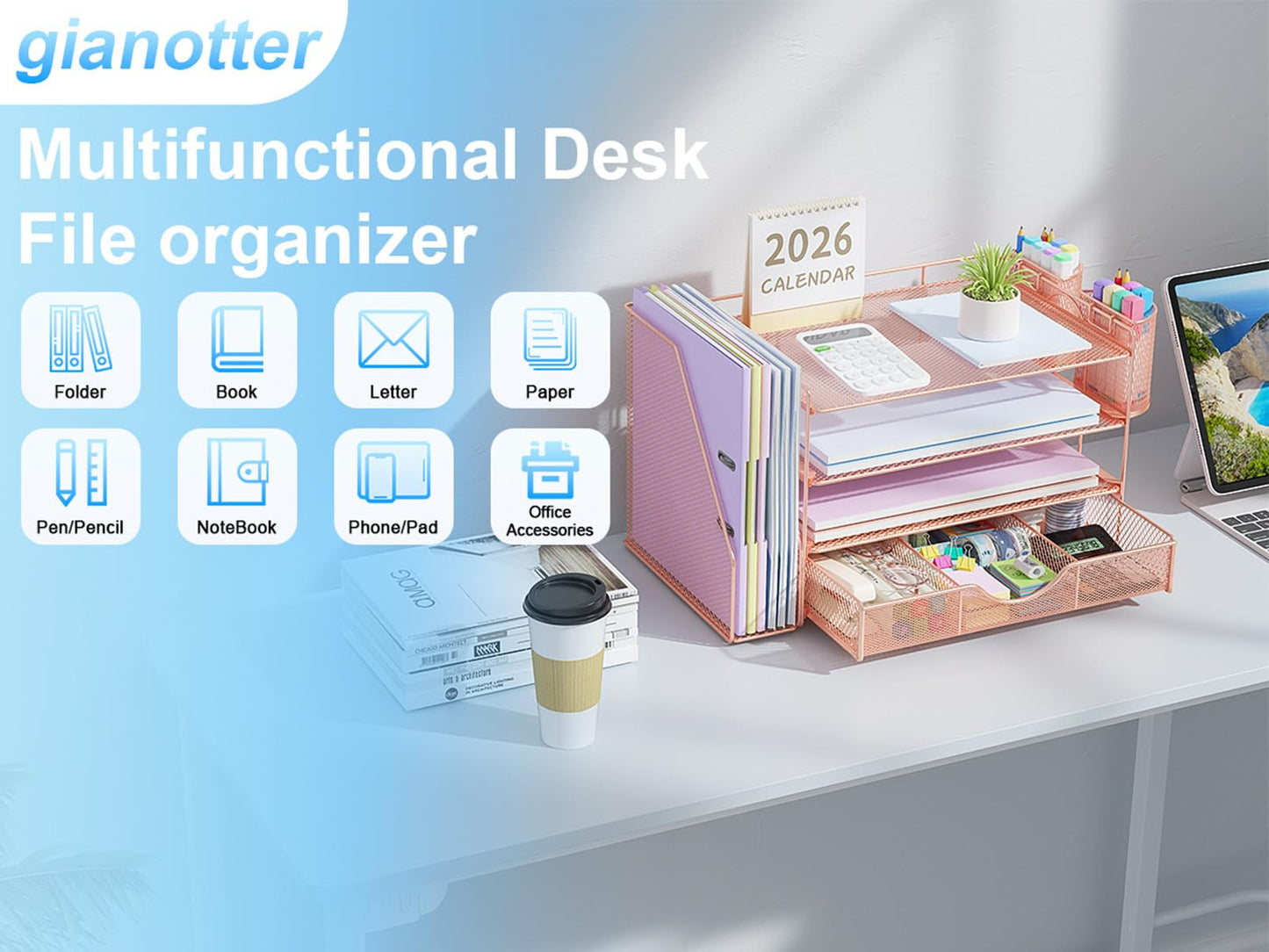 gianotter Desk Organizers and Accessories with File Holder, 4-Tier Desk Accessories & Workspace