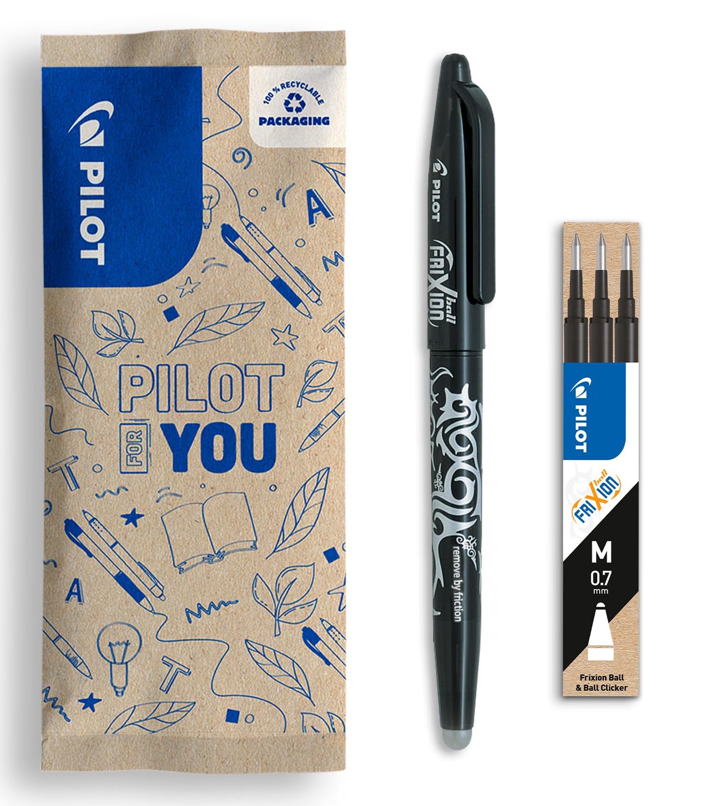 PILOT - FriXion Ball Erasable Pen Set - Medium 0.7mm Tip Rollerball - 1 x Black Pen, 3 x Black