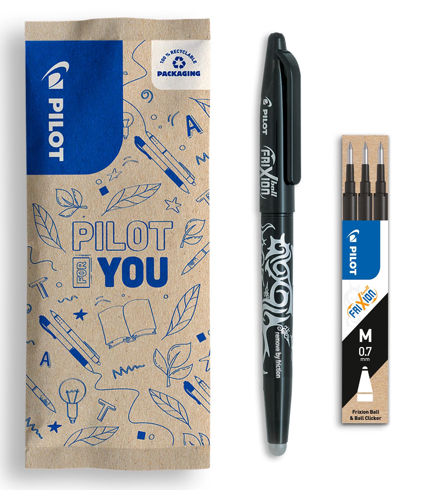 PILOT - FriXion Ball Erasable Pen Set - Medium 0.7mm Tip Rollerball - 1 x Black Pen, 3 x Black