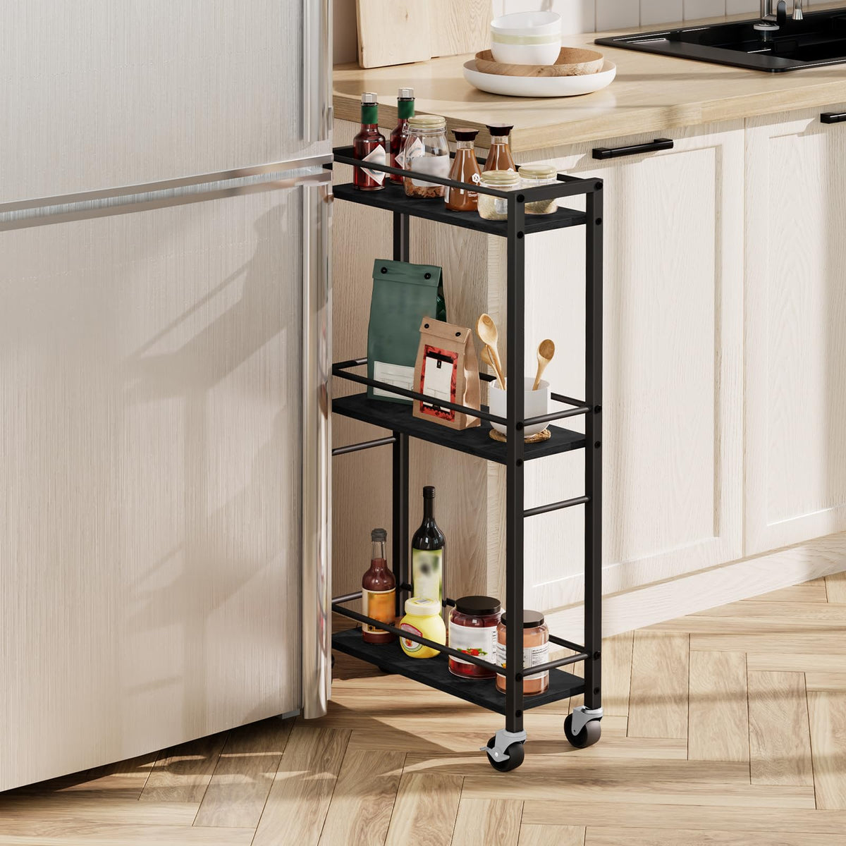 MAHANCRIS Slim Rolling Cart, Mobile Kitchen Cart on Wheels, Narrow Storage Cart for Small Space