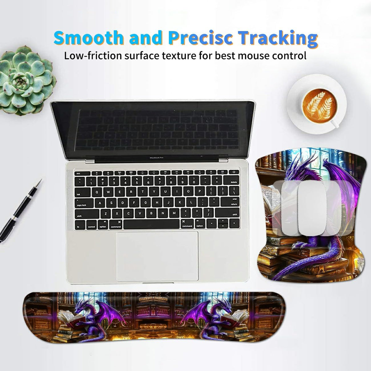 Dikoer 3Pcs Ergonomic Memory Foam Keyboard Wrist Rest Pad Set, Dragon Book