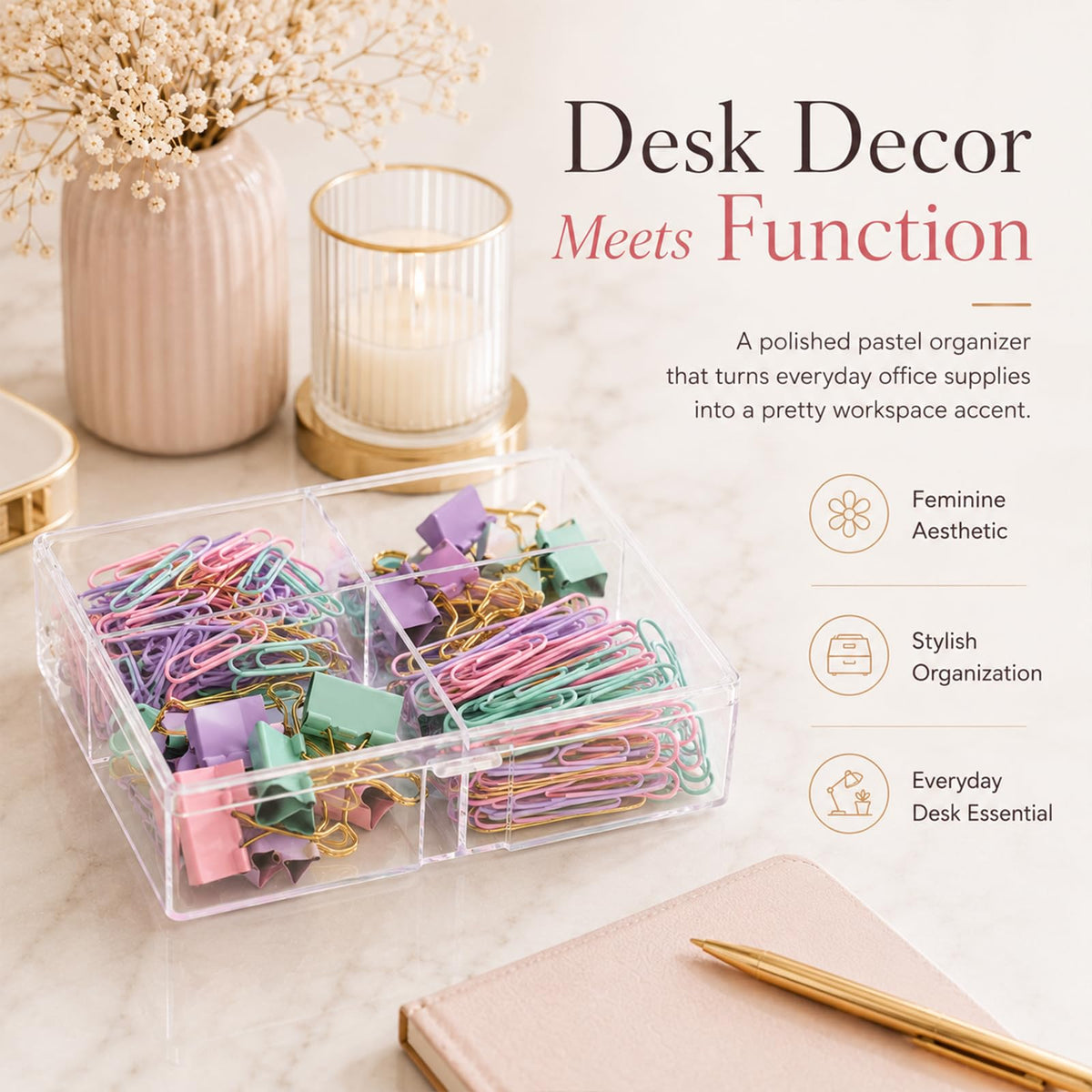 Creechwa Paper Clips and Binder Clips Set, Pastel Color, Assorted Size Clip