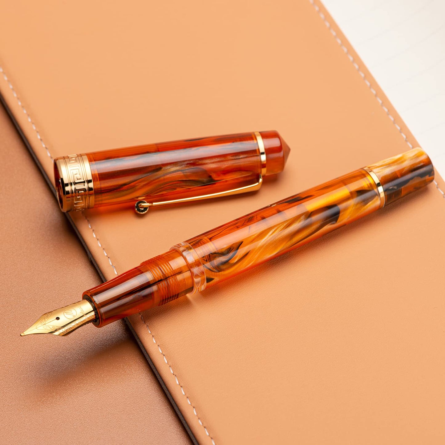 Asvine P20 Piston Fountain Pen Amber Resin, Iridium Medium Nib Gold Trim Smooth Writer Collection