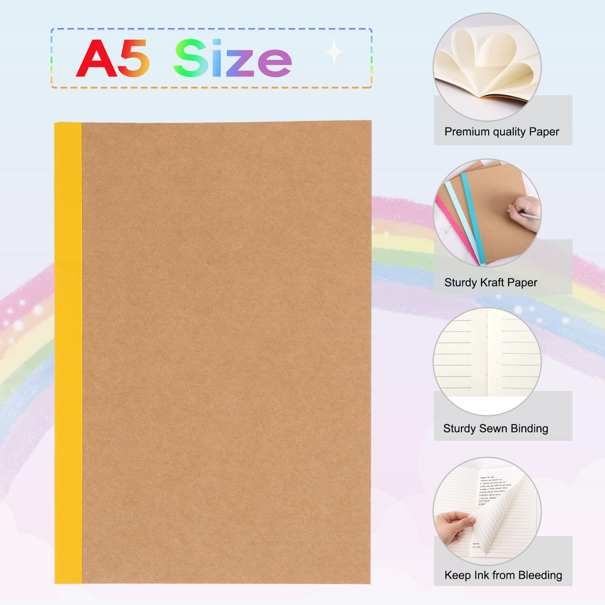 EOOUT 40 Pack A5 Kraft Notebooks Bulk, Lined Journals Bulk Colors with Rainbow Spine, 60 Pages for