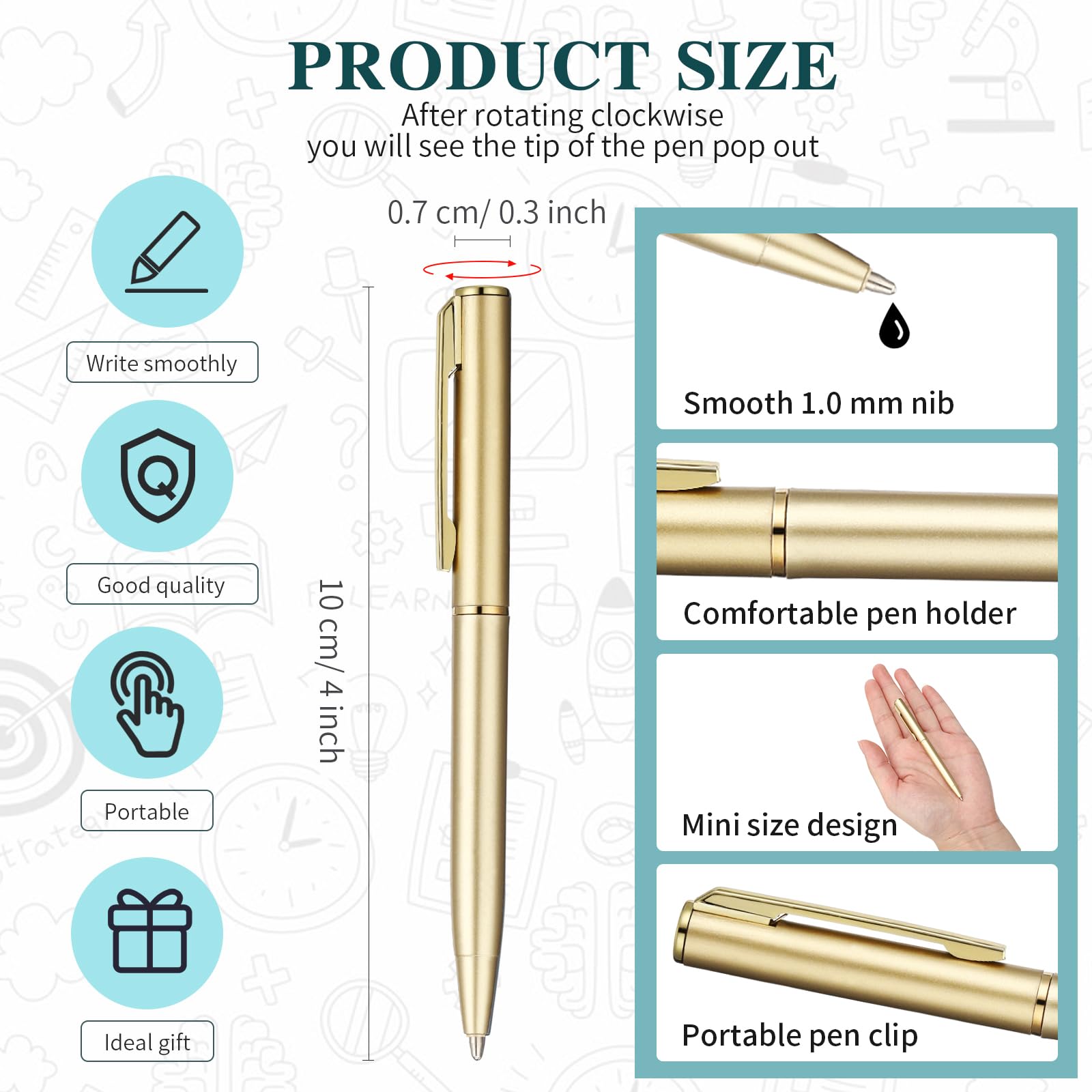 Teling 72 Pcs Small Ballpoint Pen Mini Pens Bulk 4 Inch,Gold