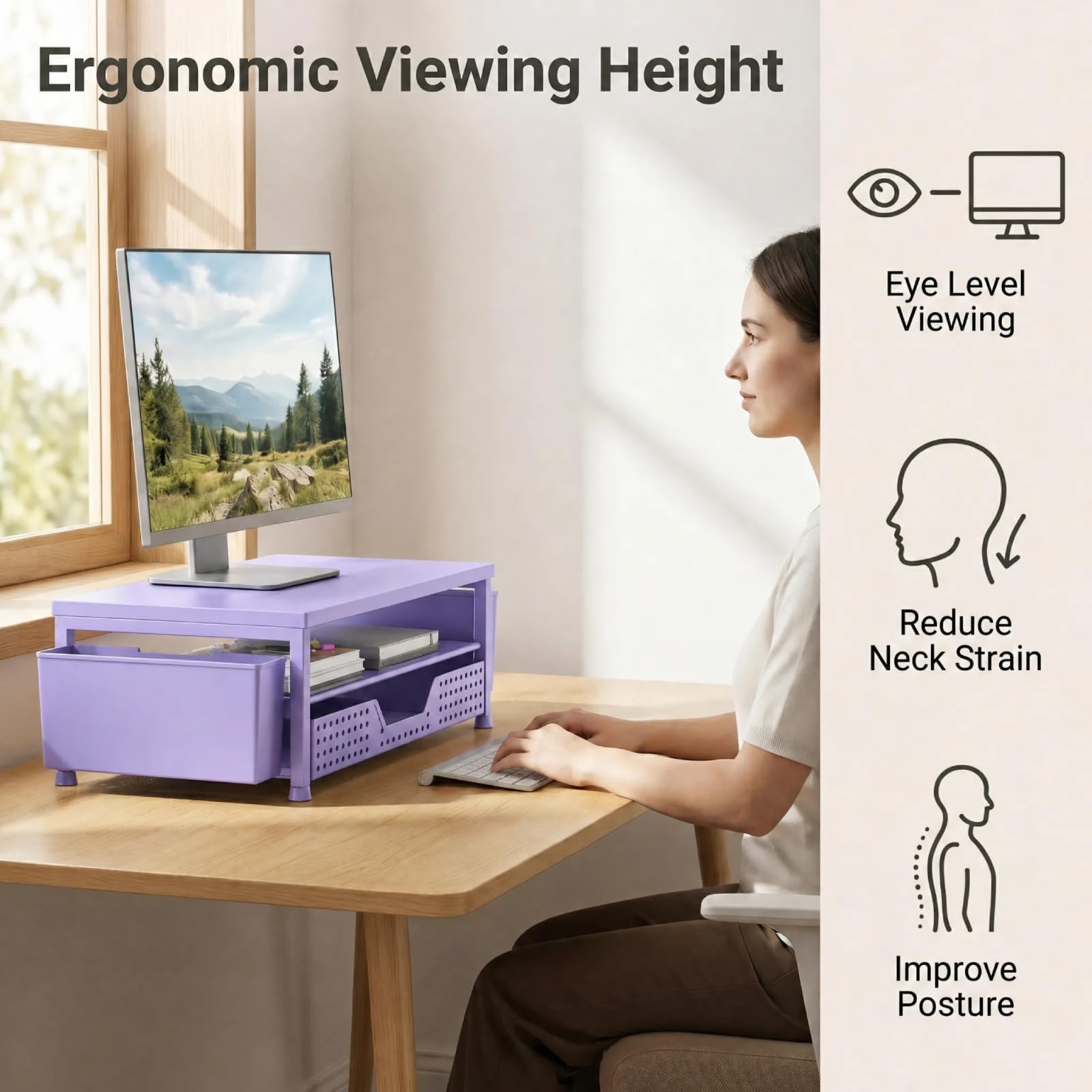 ECOLOVI Desk Organizer and Accessories, 2-Tier Computer Monitor Stand Rise with Storage Drawer & 2