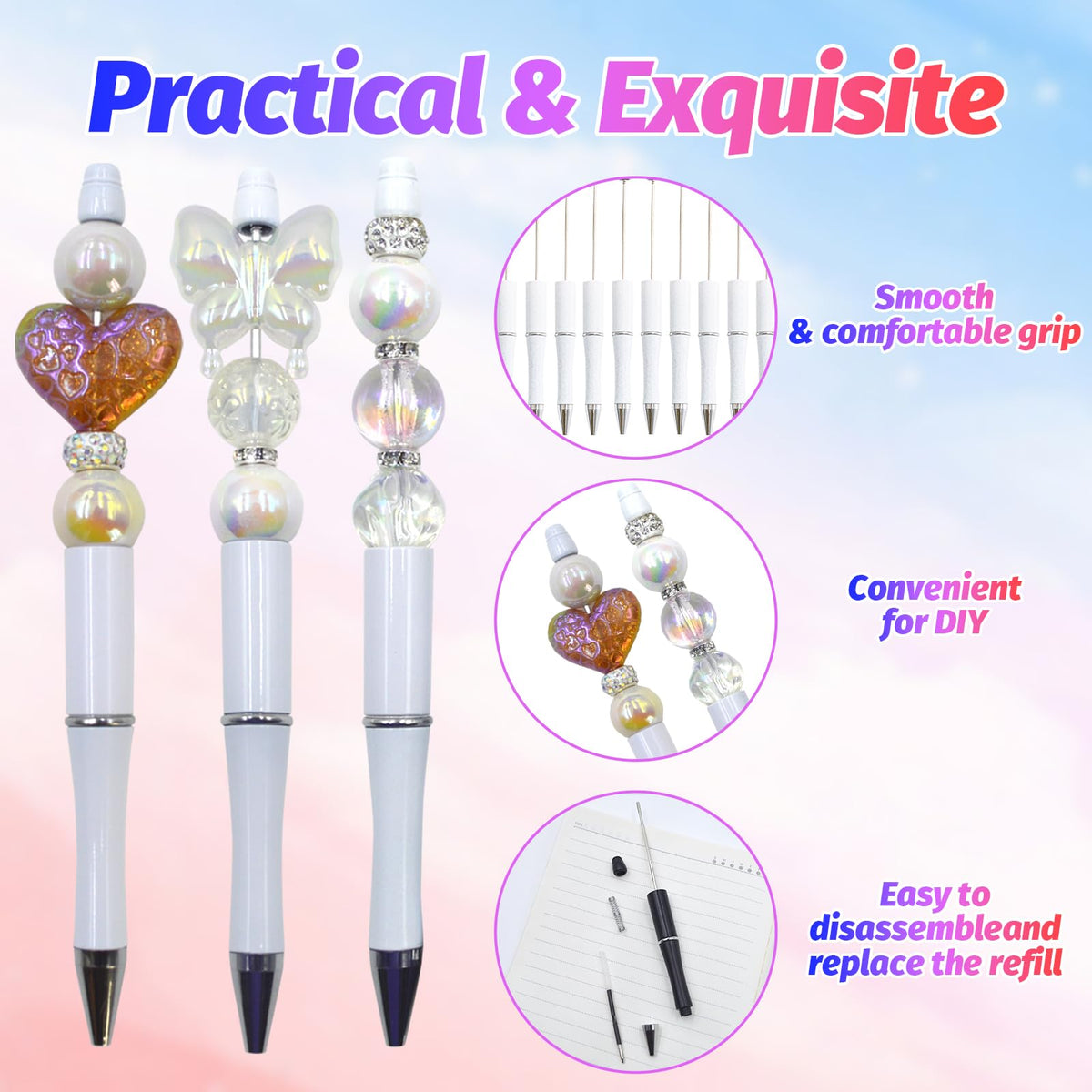 DASTTUIS 150 Pieces DIY Beadable Pen Kit – 50 Plastic Ballpoint Pens with Refills & Bags – School