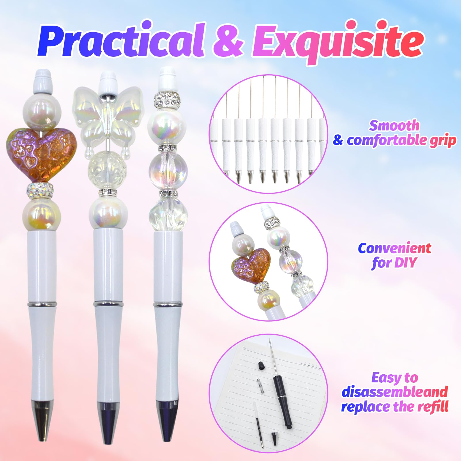 DASTTUIS 150 Pieces DIY Beadable Pen Kit – 50 Plastic Ballpoint Pens with Refills & Bags – School