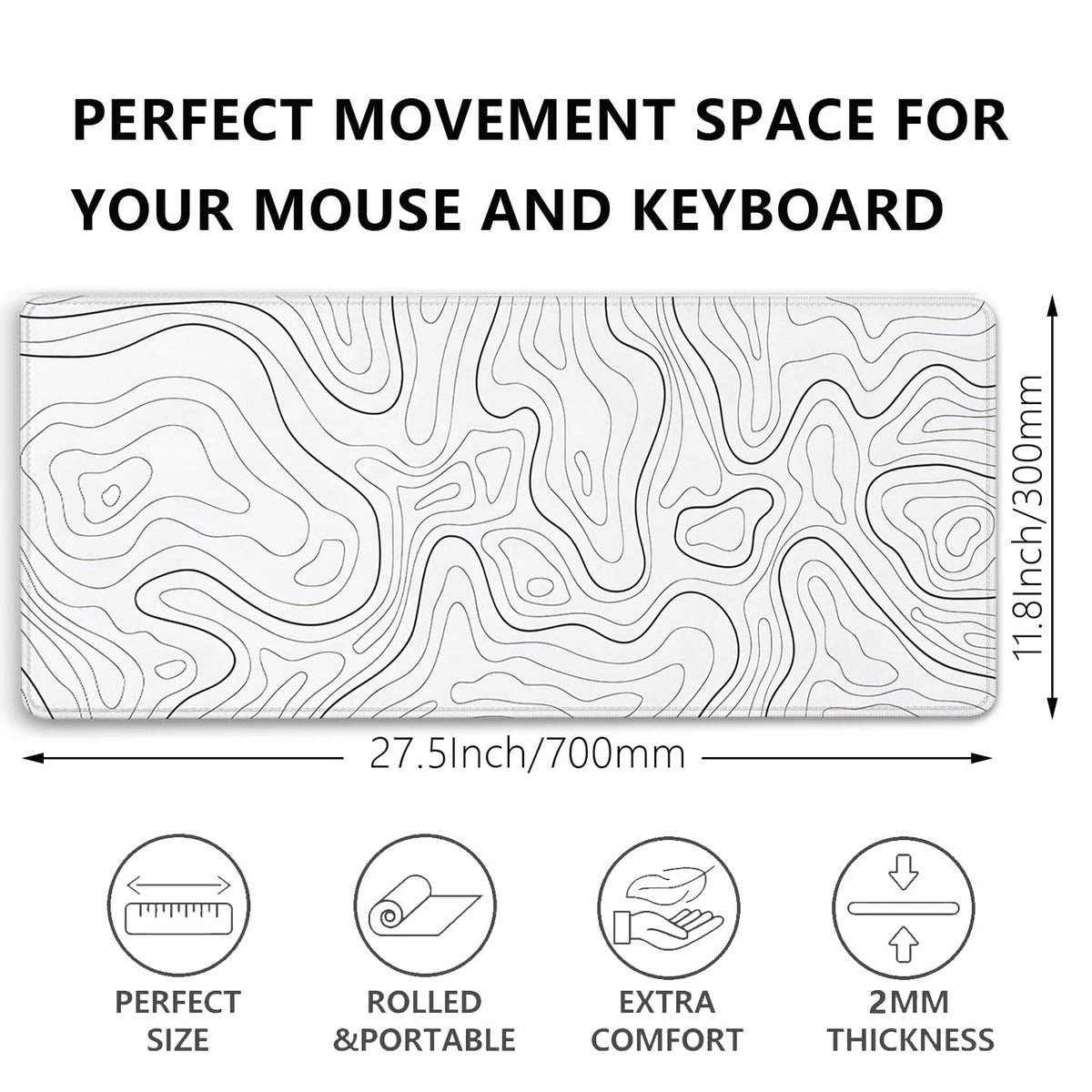 White Topographic Mouse Pad,Gaming Desk Pad with Stitched Edges Non-Slip Rubber Base Extended XL