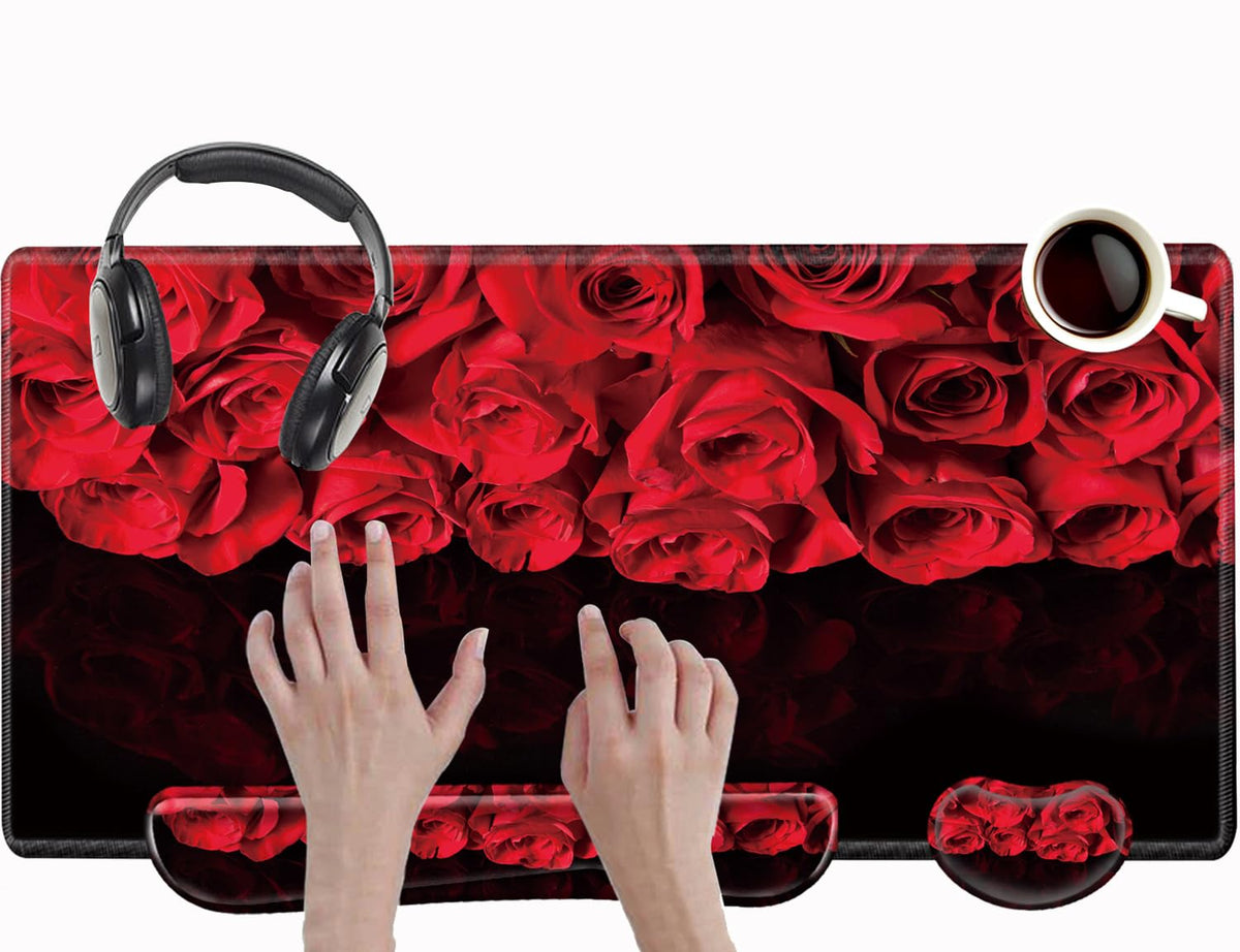 Red Roses Keyboard and Mouse Pad with Wrist Rest Large Mousepad XXL Desk Mat Set 31.5" x 15.75"