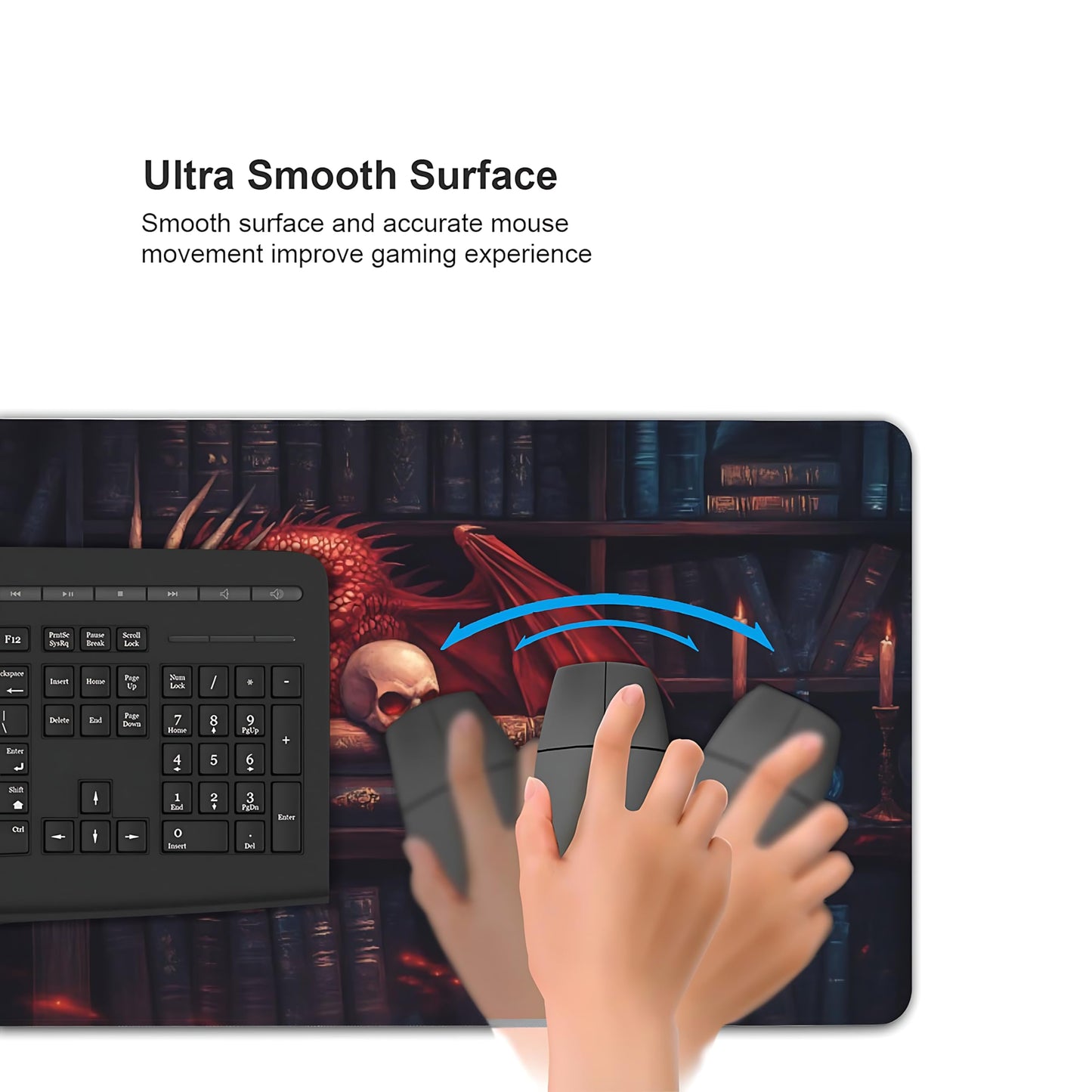 Aesthetic Dragon Gaming Mouse Pad, Ink Blue Red Mystical Desk Mat with Anti-Slip Base & Stitched