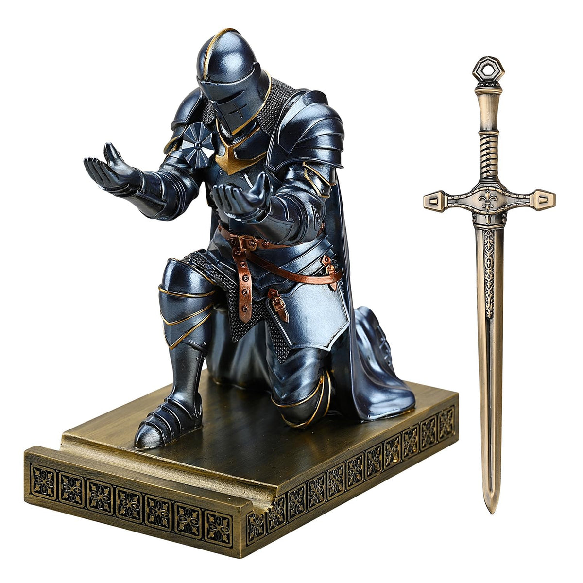 Medieval Armored Knight Pen Holder Figurine Paperweight Phone Stand Blue