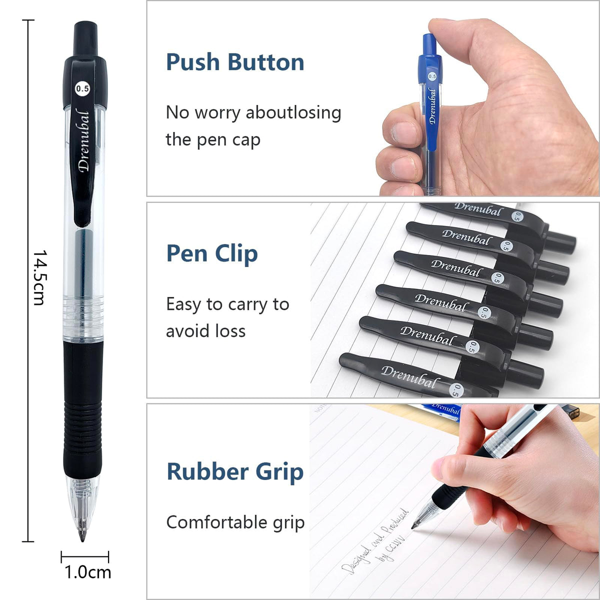 Drenubal Black Glide Retractable Ball Pens, Medium Point (0.5mm), Comfortable Rubber Grip For